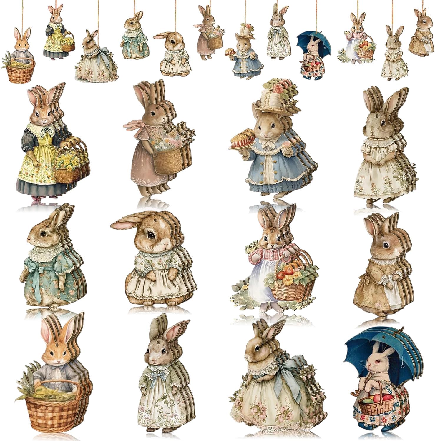 12Pcs Easter Tree Decorations Cute Rabbit Hanging Ornaments with Flower Basket Design Spring Wood Cutouts Easter Bunny Egg Farmhouse Wooden Ornaments for Holiday Home Indoor Party Crafts Decorations