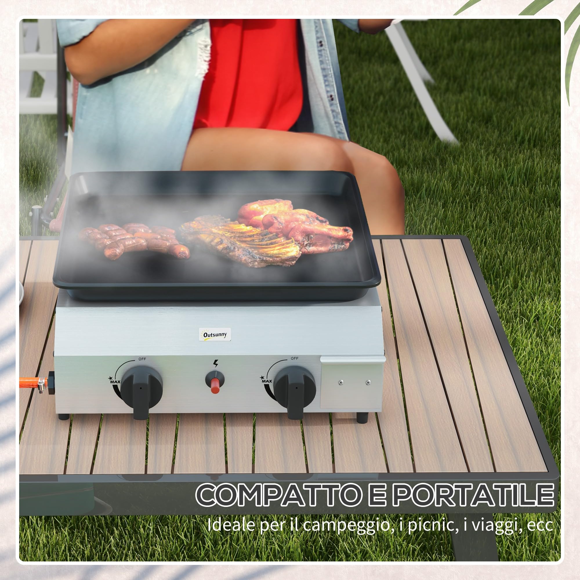 Outsunny Barbecue a Gas in Acciaio, Piastra a Gas Smaltato a 2 Bruciatori da 2.4kW, Griglia Barbecue Portatile con Piedini Regolabili e Vassoio Raccogli Grasso, Regolatore, Tubo, Argento