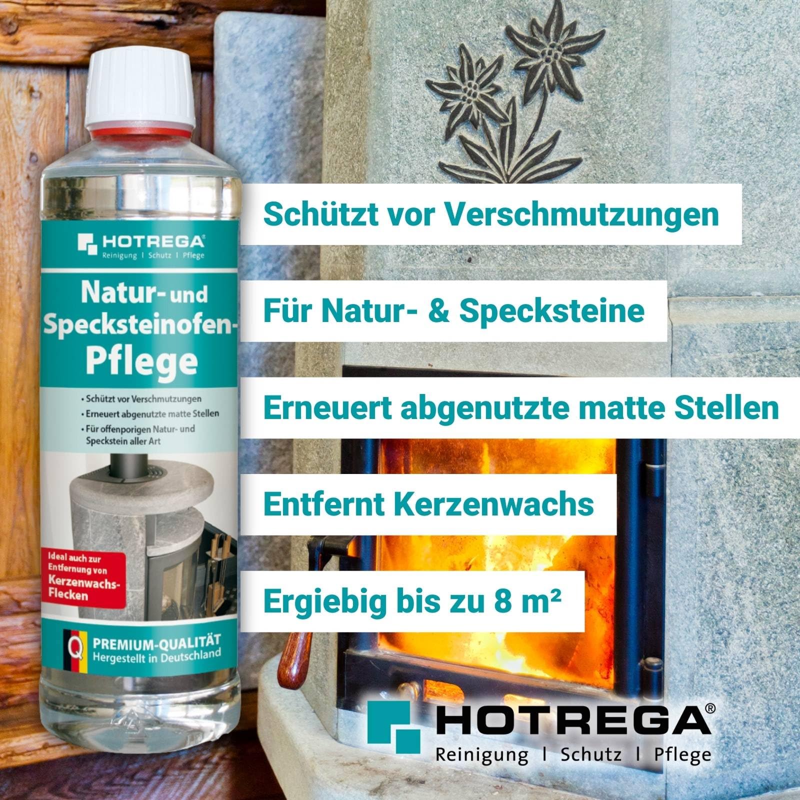 HOTREGA Kaminscheibenreiniger 300ml, Natur- und Specksteinofen-Reiniger 500ml + Pflege 500ml | Reinigungsset für Kaminöfen inkl. Mikrofaser-Tuch