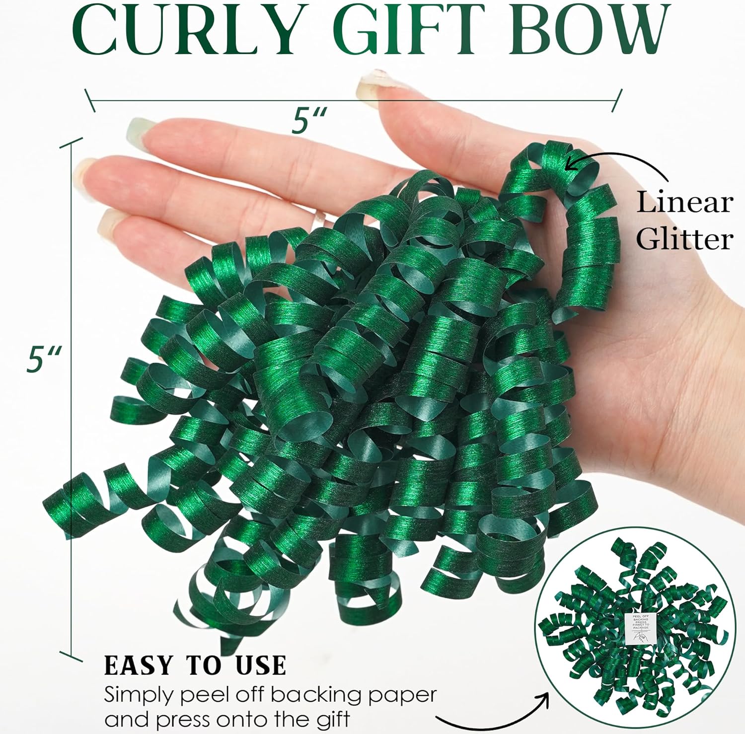 MEEDEE 5 Inch Green Self-Adhesive Linear Glitter Curly Gift Bows – Perfect for Christmas, Holiday, and All-Occasion Decorations on Gift Wrapping Paper, Gift Bags, and Boxes (12 Count) - Image 2