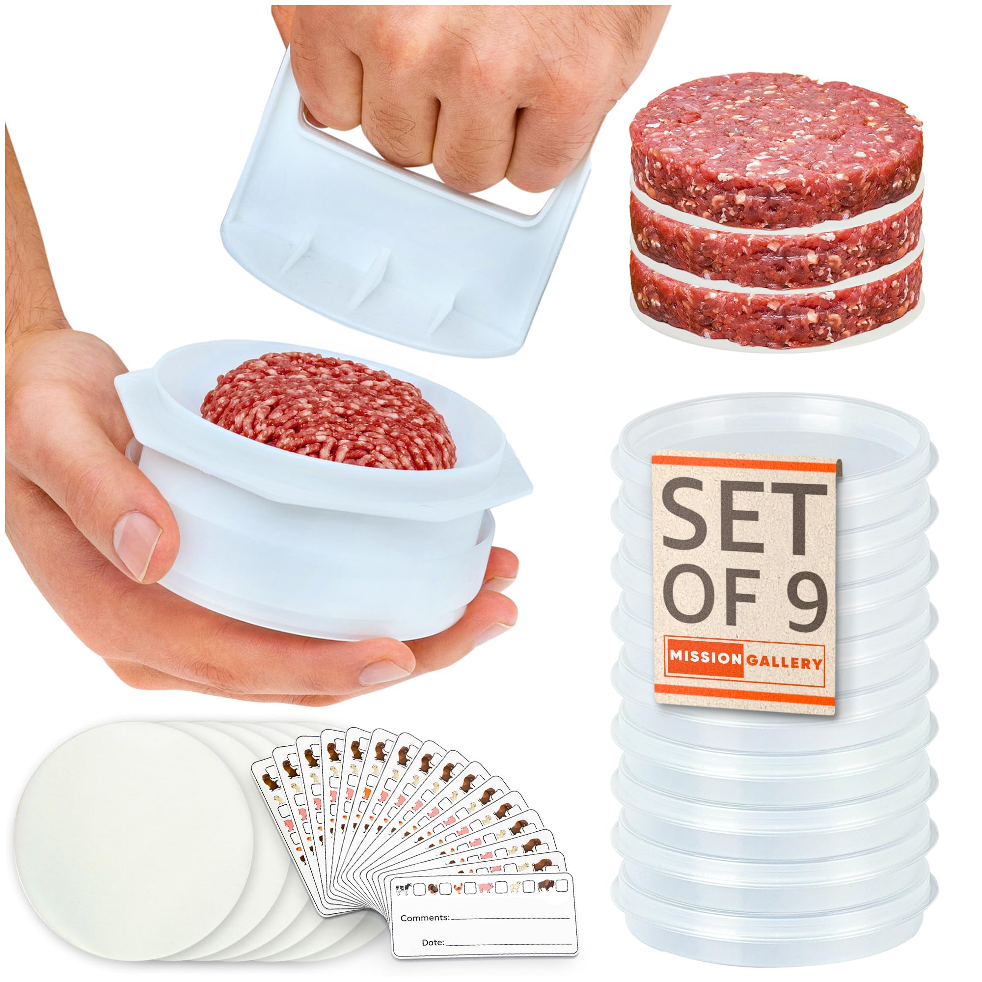 Mission Gallery Hamburger Press Patty Maker - 4 in1, Burger Mold, Patty Press, 9 Storage Containers, 100 Round Papers - Hamburger Patty Maker Tool for BBQ - Burger Shaper for Meat, Veggie Patties