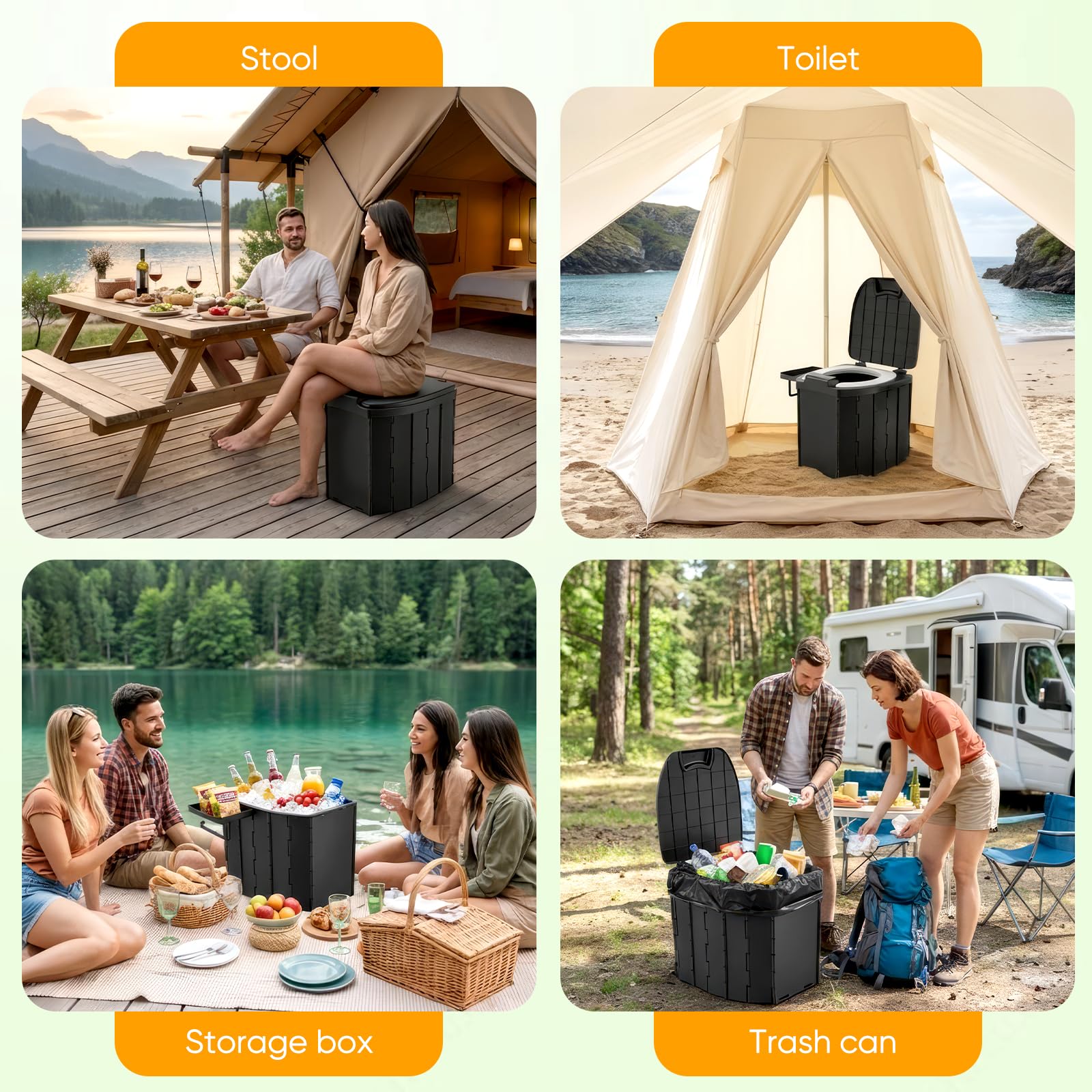 Toilettes de camping compactes et pliables - Hauteur d'assise : 42 cm - Pour adultes - 200 kg - Capacité de 5 l - Avec sac de rangement et sac poubelle - Accessoire de camping parfait pour l'extérieur