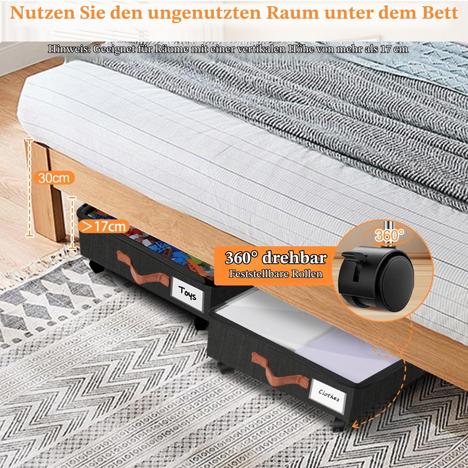 Unterbett Aufbewahrungsbox mit Rollen, 2 Stück 38L Groß Unterbett Aufbewahrung mit Deckel Metallrahmen Faltbare Unterbettkommode für Kleidung Schuhe Decken Bettwäsche Schwarz