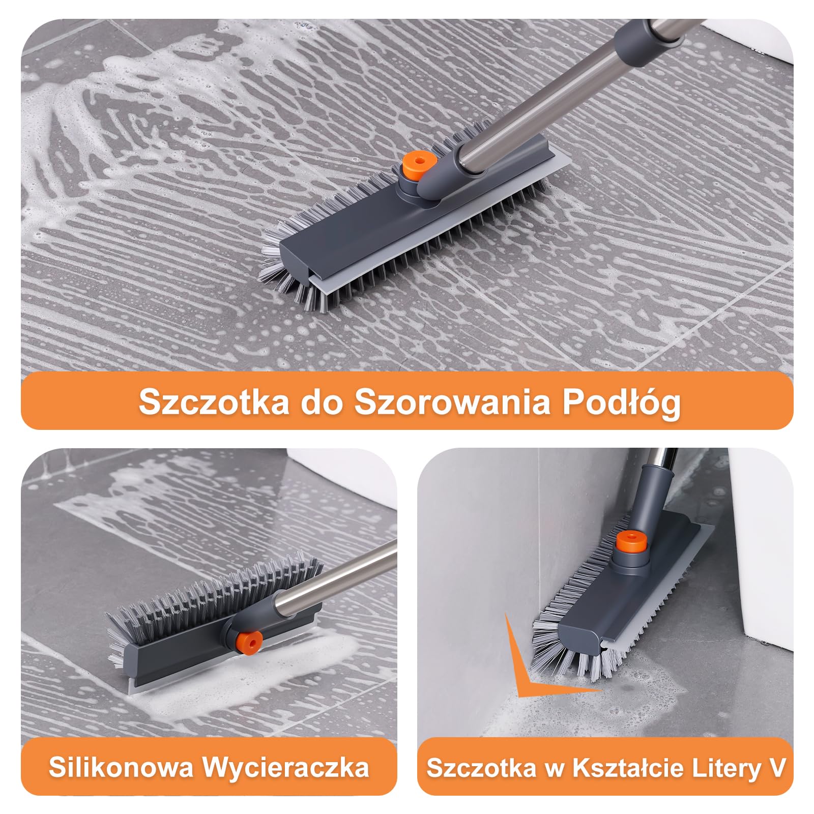 Mitclear Szczotka do Szorowania Podłóg z Długim Uchwytem(120cm), Szczotka do Szorowania 3 w 1 ze Sztywnym Włosiem i Ściągaczką do Szorowania Podłóg w Kuchni, Łazience, Tarasie, Patio, Garażu