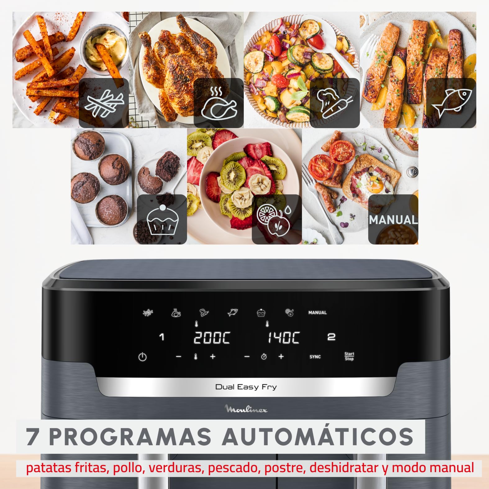 Moulinex XXL Dual Easy Fry 11L: Freidora de Aire de Doble Cesta +8 Personas, Dos cestas (6,5 L + 4,5 L),7 Programas Automáticos, EZ942BF0