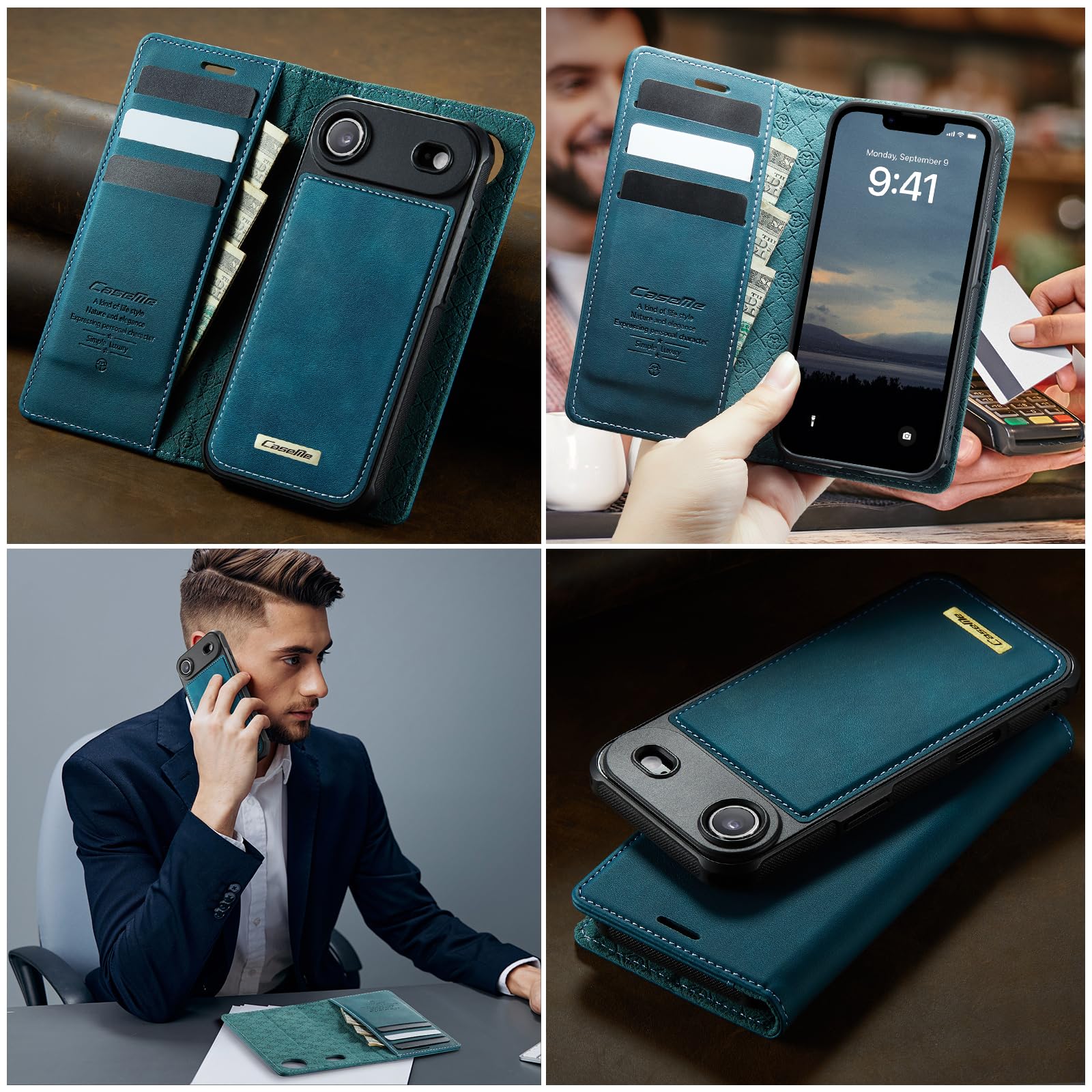 Etui portfelowe na iPhone'a 17 Air z 3 przegródkami na karty i przegródkami na gotówkę, magnetyczne zamknięcie z klapką, odłączany magnetyczny design 2 w 1, kompatybilne z Magsafe - zielone