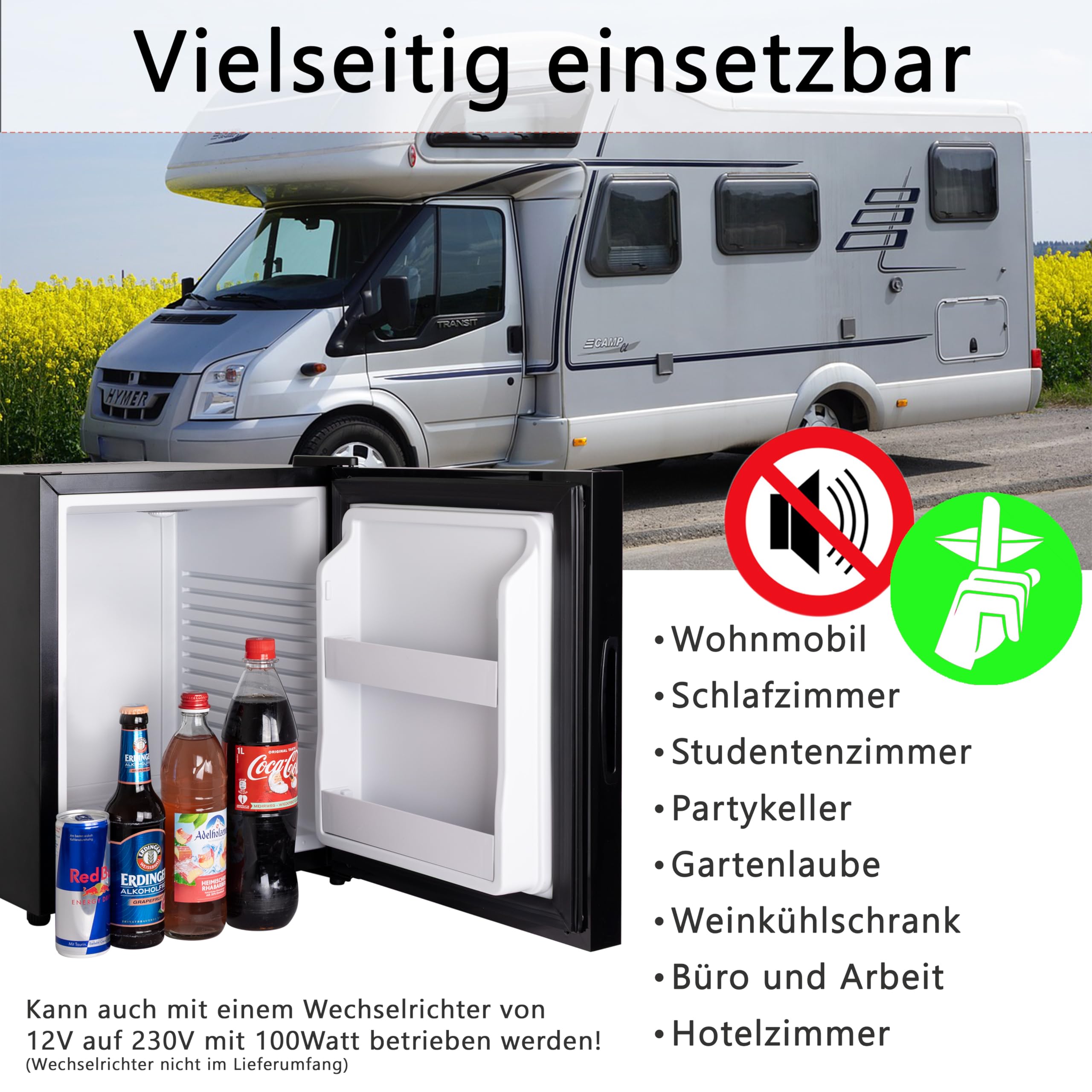 30 Liter Mini Kühlschrank LAUTLOS Minikühlschrank mit Schloss, Minibar abschließbar geräuschlos, Türanschlag wechselbar, ca. 4°-14°C Höhe 48cm, Weinkühlschrank für 11 Flaschen Temperatureinstellung