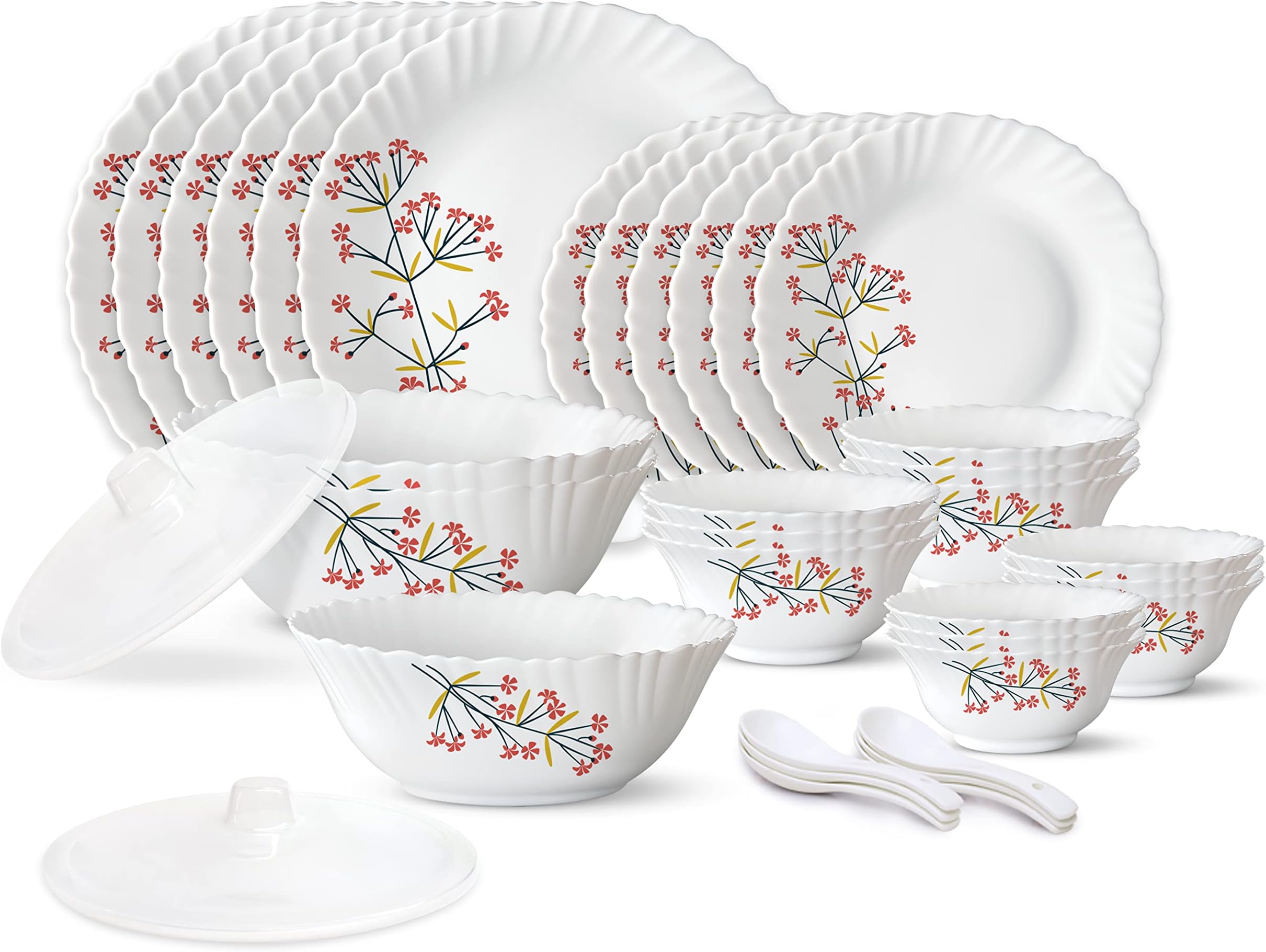 Larah by Borosil Red Bud Silk Series Opalware Dinner Set | 35 Pieces for Family of 6 | Microwave & Dishwasher Safe | Bone-Ash Free | Crockery Set for Dining & Gifting | Plates & Bowls | White,Floral