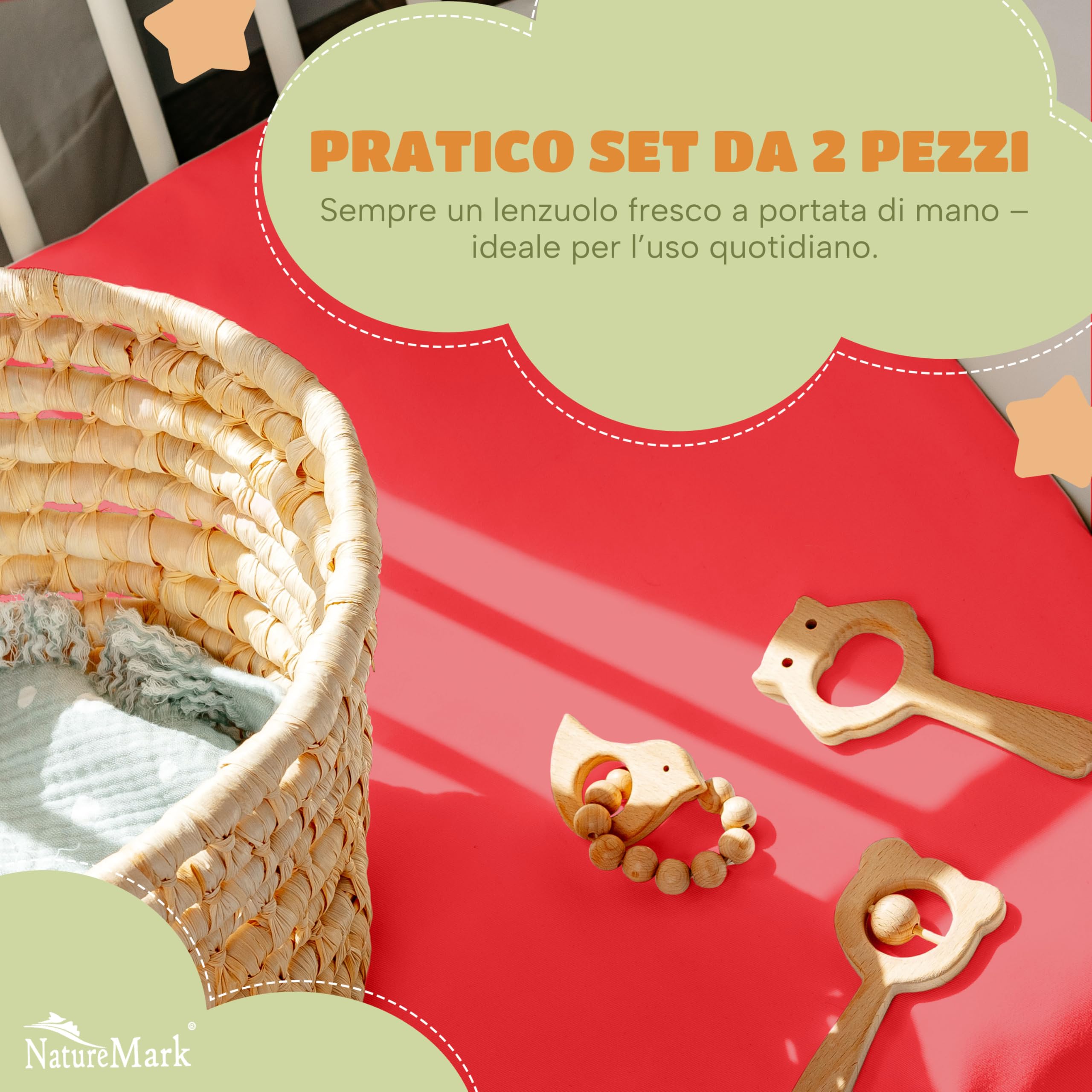 NatureMark Lenzuolo con angoli elasticizzati per bambini, 70 x 140 cm, morbido jersey, 100% cotone, set da 2 per culla e culla, rosso