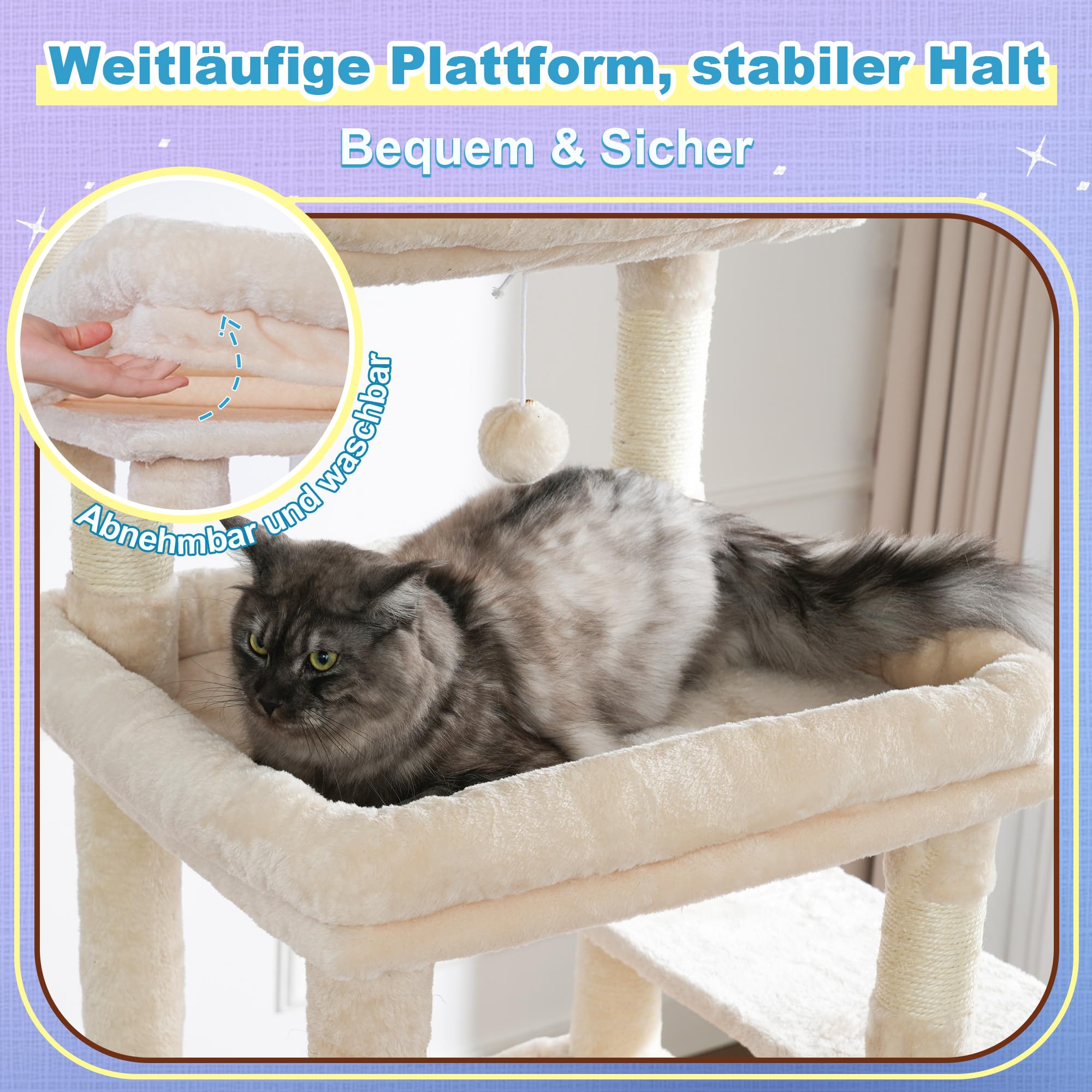Hey-brother Tiragraffi per Gatti, con Amaca, Cuccia, 2 Piattaforme, MPJ80M | 180cm Albero per Gatti, 2 Ceste, Rampa graffiante, Pompon, Ideale per più gatti da interno, Beige