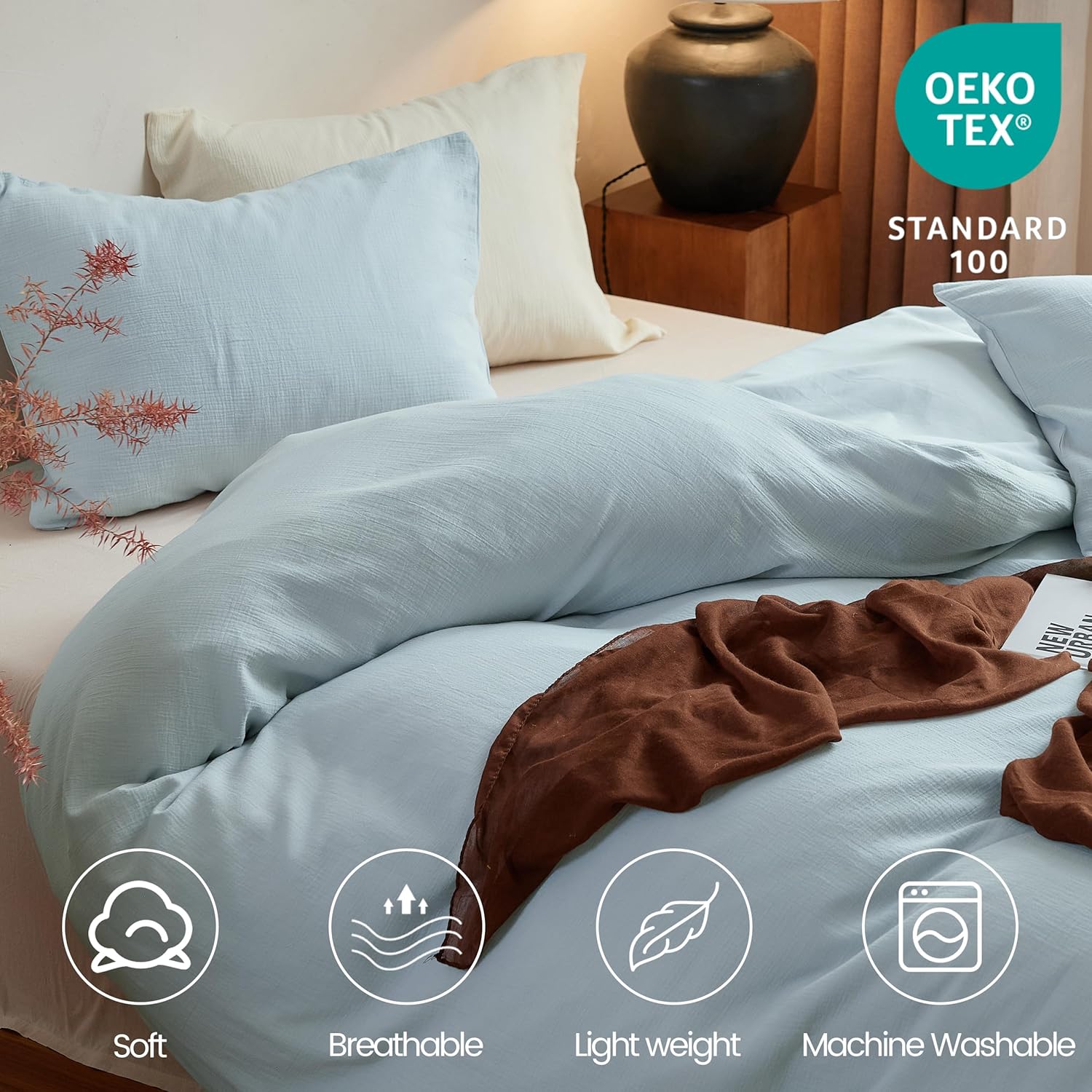 Simple&Opulence Muslin Duvet Cover Set, 100% Washed Cotton Duvet Cover for All Seasons, 2 Pieces Linen Like Gauze Comforter Cover with Pillow Sham, Twin, 68"x86", Light Blue