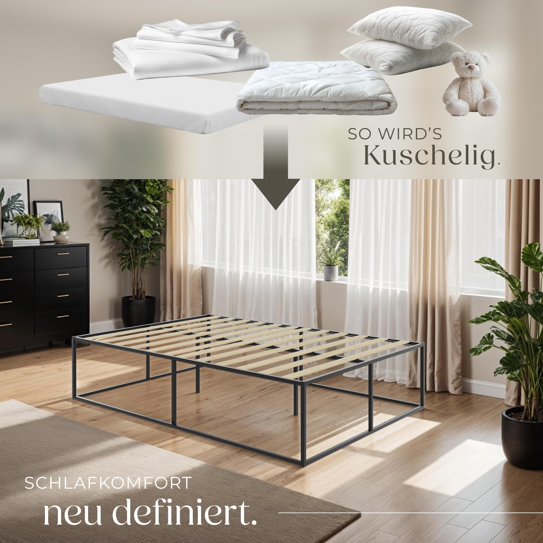 tectake® Bett 140x200 cm, Metall Bett mit Lattenrost, Bettrahmen mit Stauraum, großes Bettgestell ohne Kopfteil, als Ehebett, Einzelbett, Jugendbett, Gästebett, für Schlafzimmer - 140 x 200 x 46,5 cm
