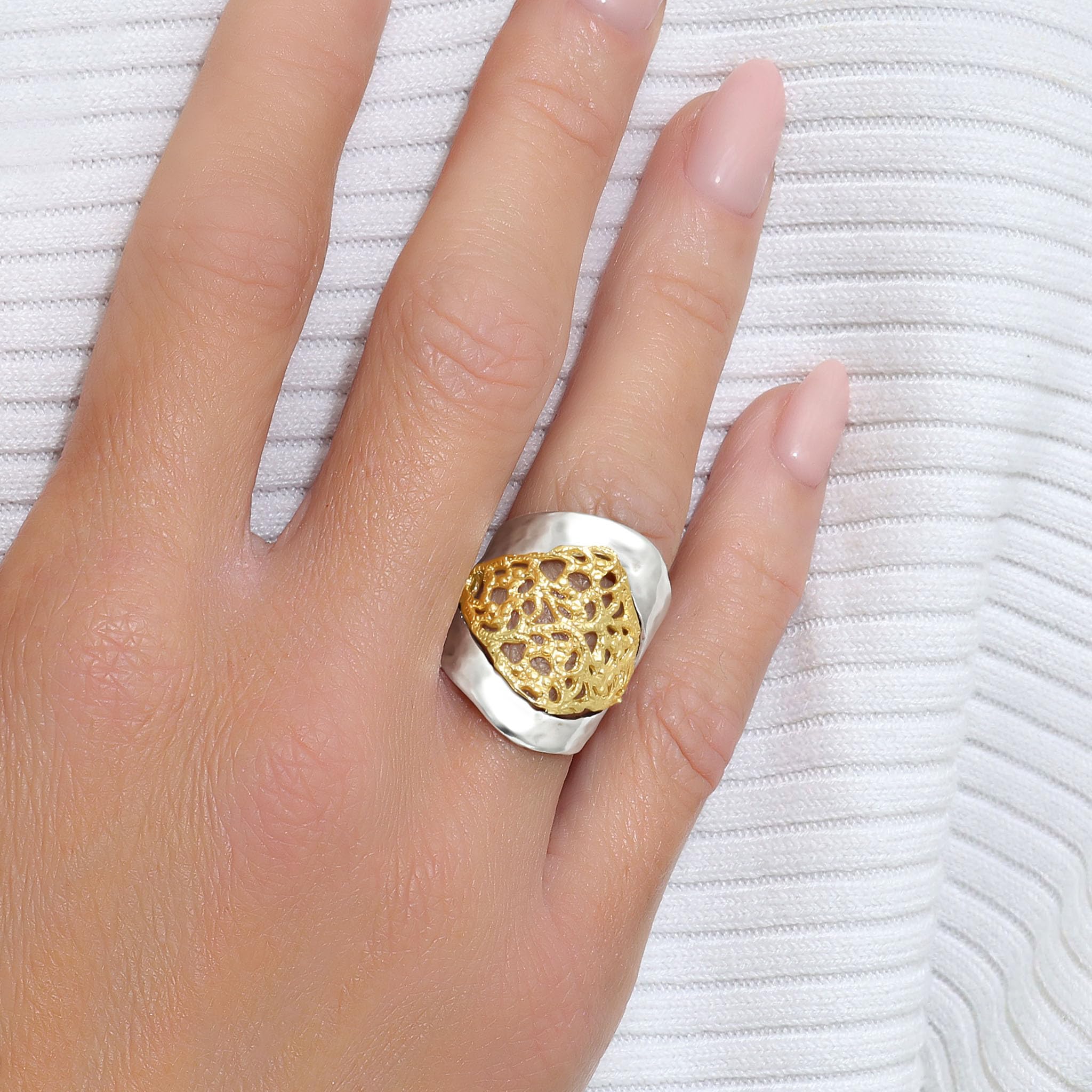 JEAN RACHEL JEWELRY Zweifarbiger Ring aus gemischtem Metall für Damen – 925er Sterlingsilber & 14 Karat Gold – Filigranes Statement – läuft nicht an, nickelfreie Passform