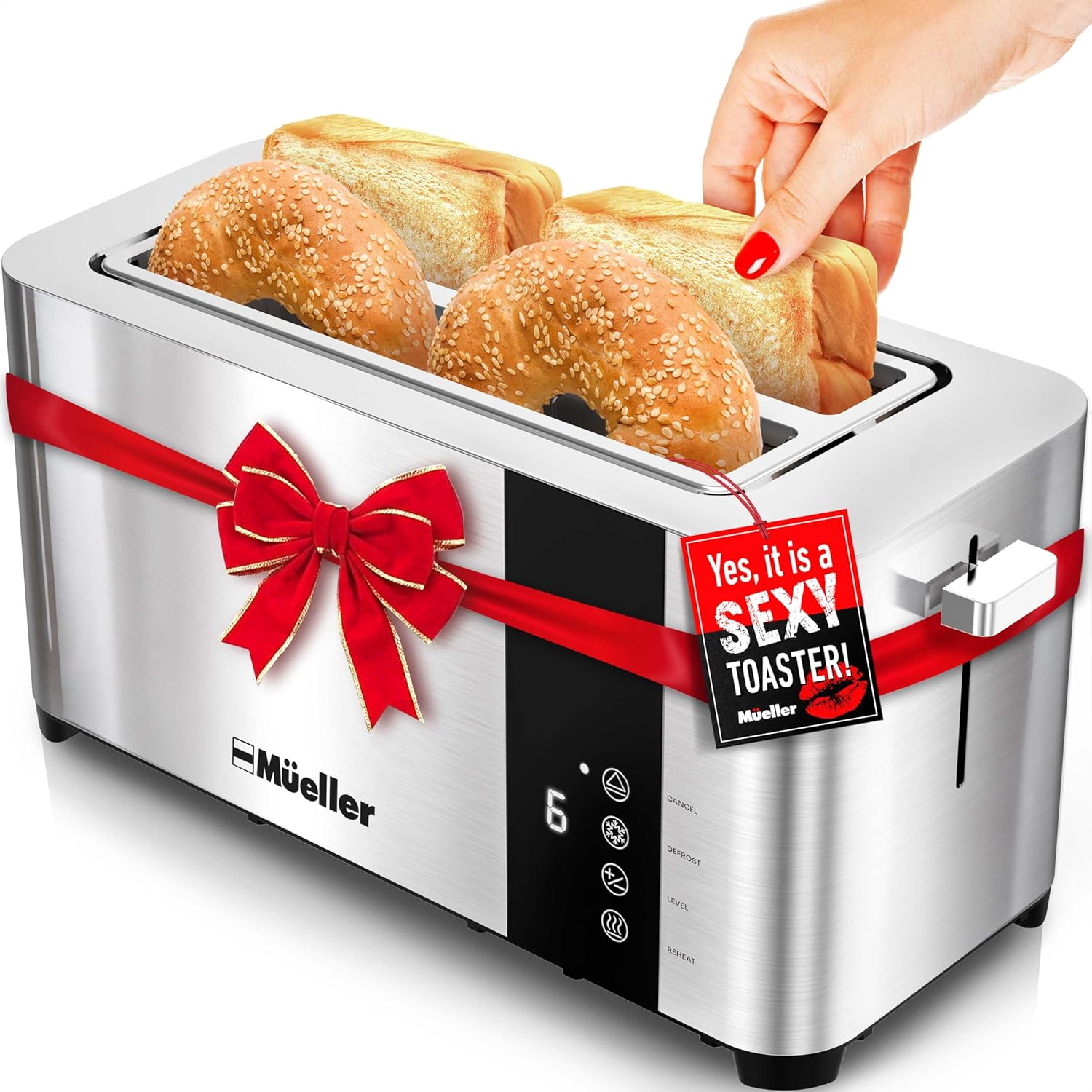 Mueller UltraToast Full Stainless Steel Toaster 4 Slice, Long Extra-Wide Slots for Bagels and Waffles, 6 Browning Levels, LED Display, Cancel/Defrost/Reheat Functions &amp; Removable Tray, Kitchen Gad