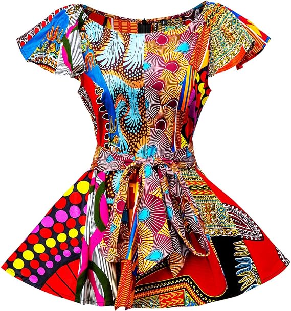 Women's African Patterns Print Cap Sleeve Blouse Tie Waist Flared Tops