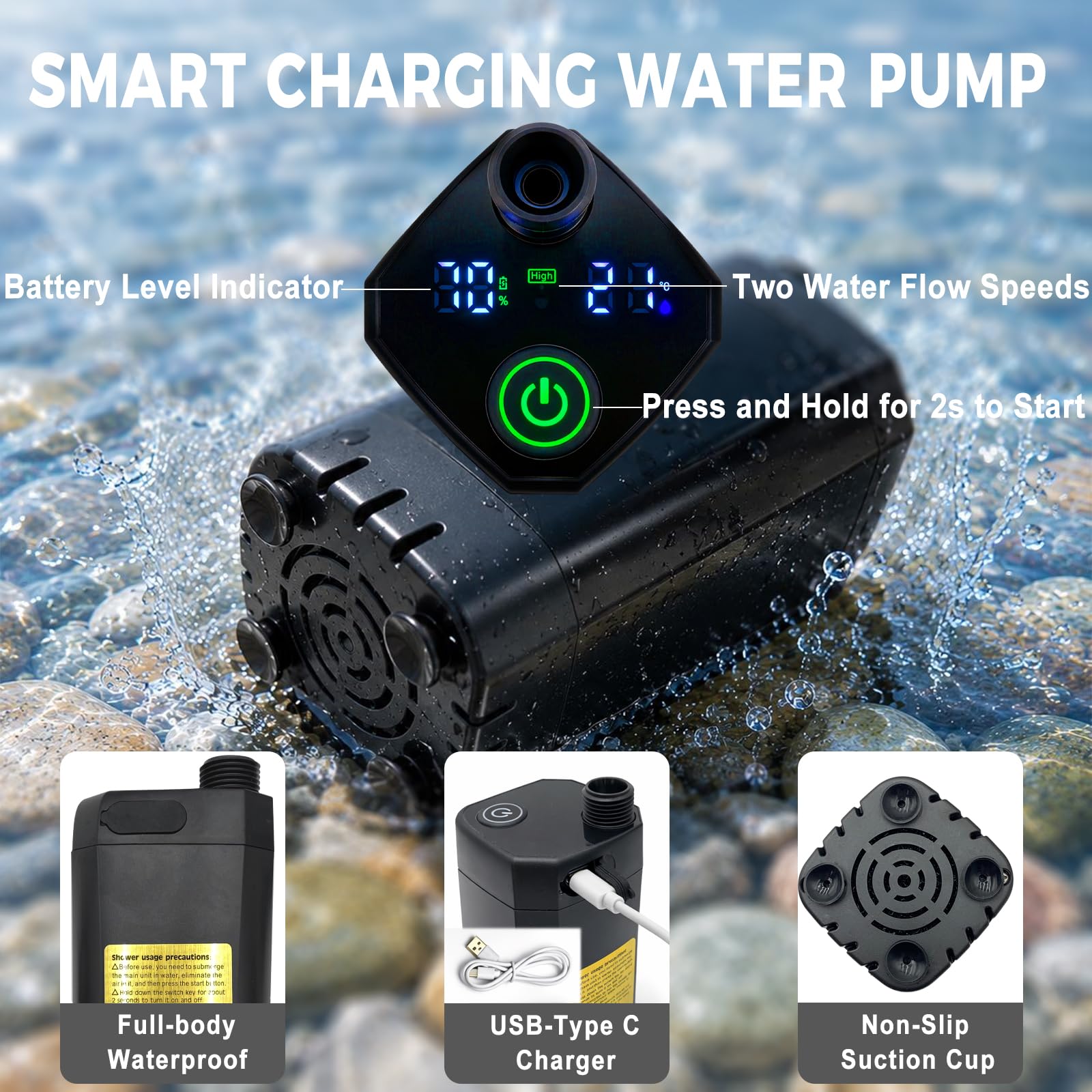 Ducha de camping recargable con calentador, calentador de agua de 2000 W, bomba de ducha de 6000 mAh con pantalla LED, cubo plegable para exteriores