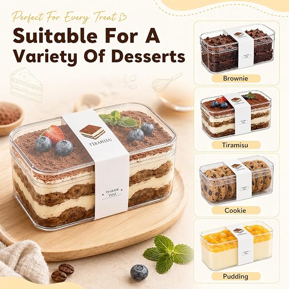 25 Pack Rectangle Dessert Cups with Lid & Spoon, 250ml Reusable Dessert Pot