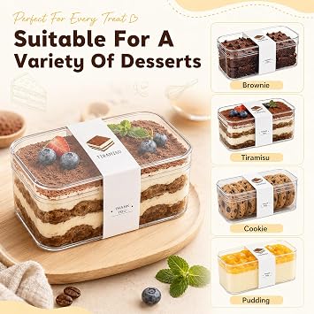 25 Pack Rectangle Dessert Cups with Lid & Spoon, 250ml Reusable Dessert Pot