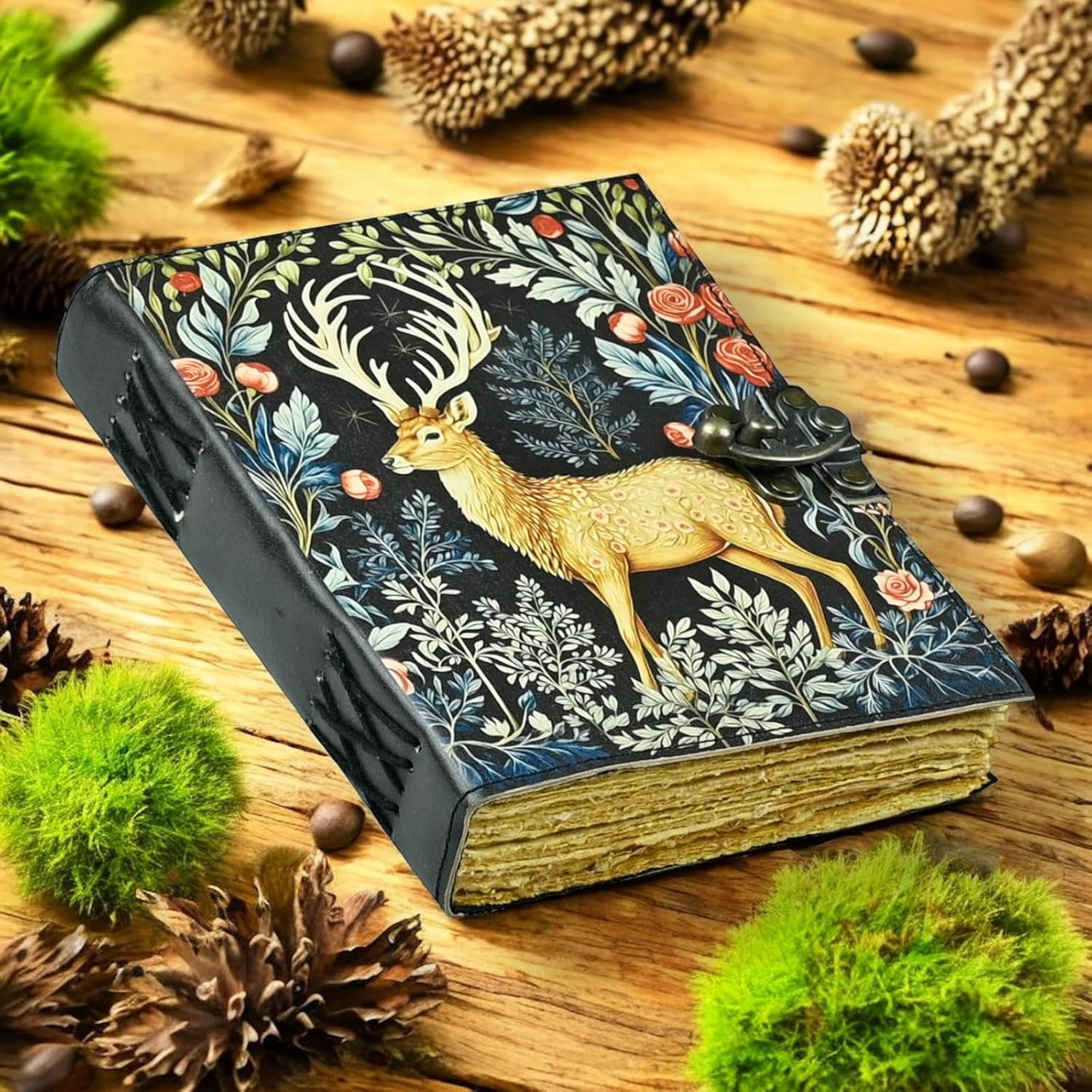 Blank Spell Book of Shadows Deer Grimoire Leather Journal Celestial Vintage Leather Journal Witchcraft Supplies Wiccan Witch Decor Sketchbook & Notebook Witchy Gifts for Women (7 X 5 INCHES 400 Page)