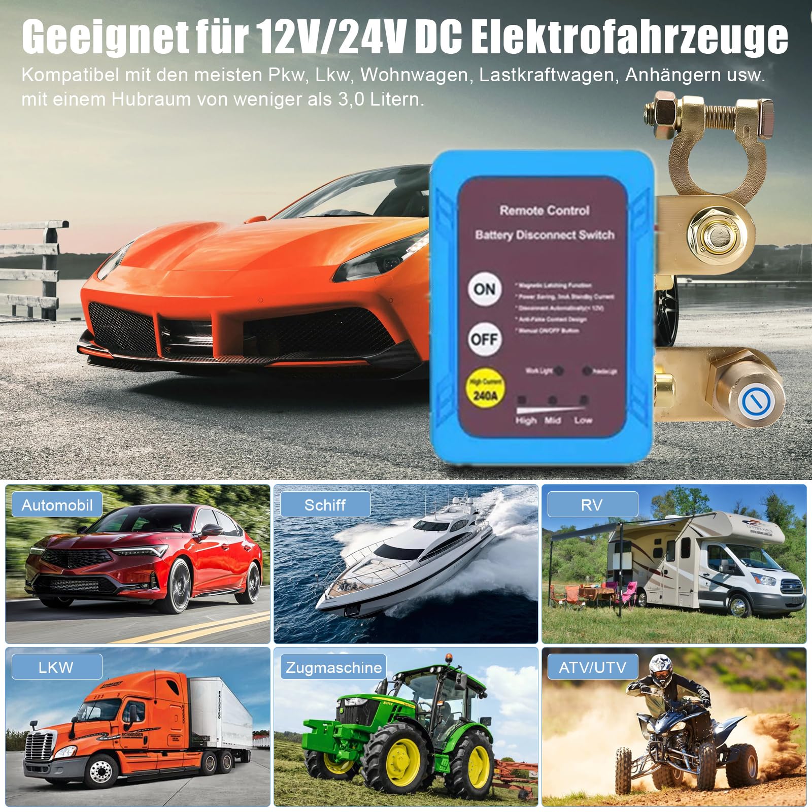 Drahtlose Fernbedienung Auto Isolator Schalter,12V/24V Batterie Trennschalter 240A,Kill Switch Anti-Diebstahl Automatische Abschaltung Batterietrennschalter (Standard)