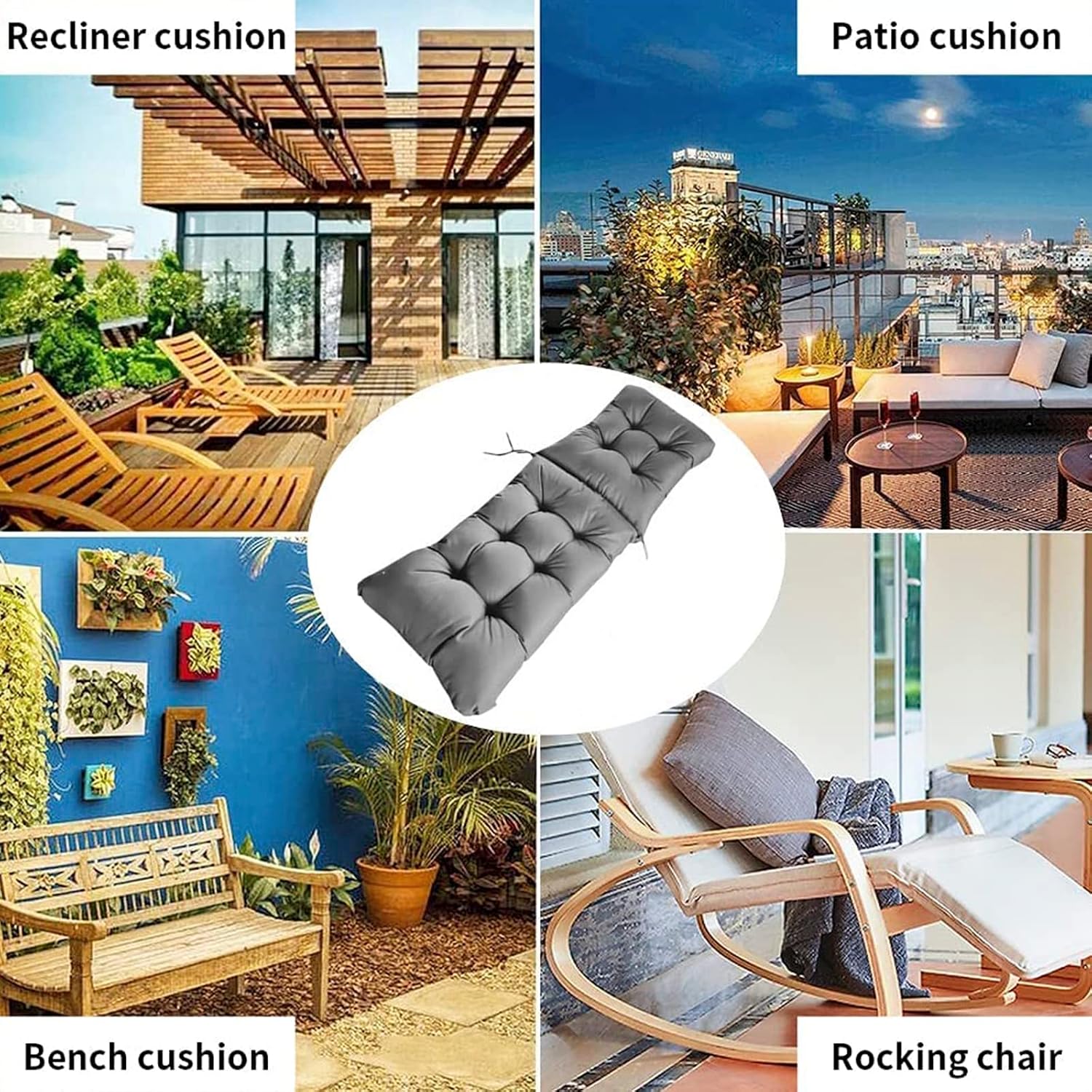 Outdoor Chaise Lounge Cushions, 65IN Waterproof Garden Recliner Chair Seat Cushions with Anti Slip Hood, Thick Padded Replacement Sun Lounger Mattress Pad for Indoor Outdoor Furniture,Grey