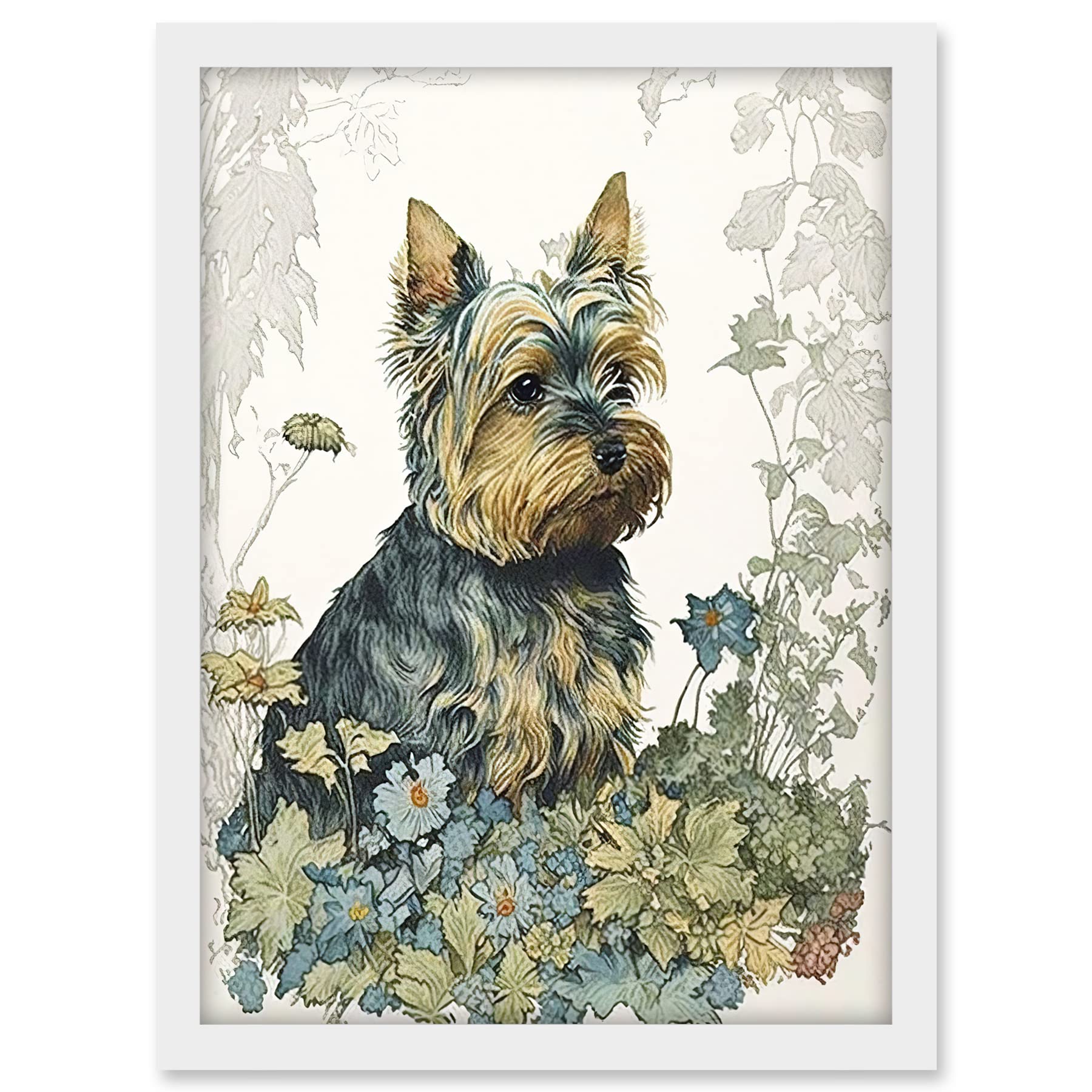 Artery8 Yorkshire Terrier Dog in Wildflowers Watercolour Illustration Artwork Framed A3 Wall Art Print