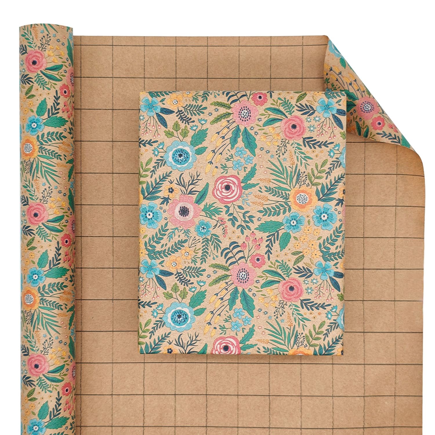 VCOOHM Rotolo di carta da regalo in carta kraft, 43 cm x 5 m, elegante design floreale da giardino, per compleanni, matrimoni, baby shower, addio al nubilato e molto altro ancora