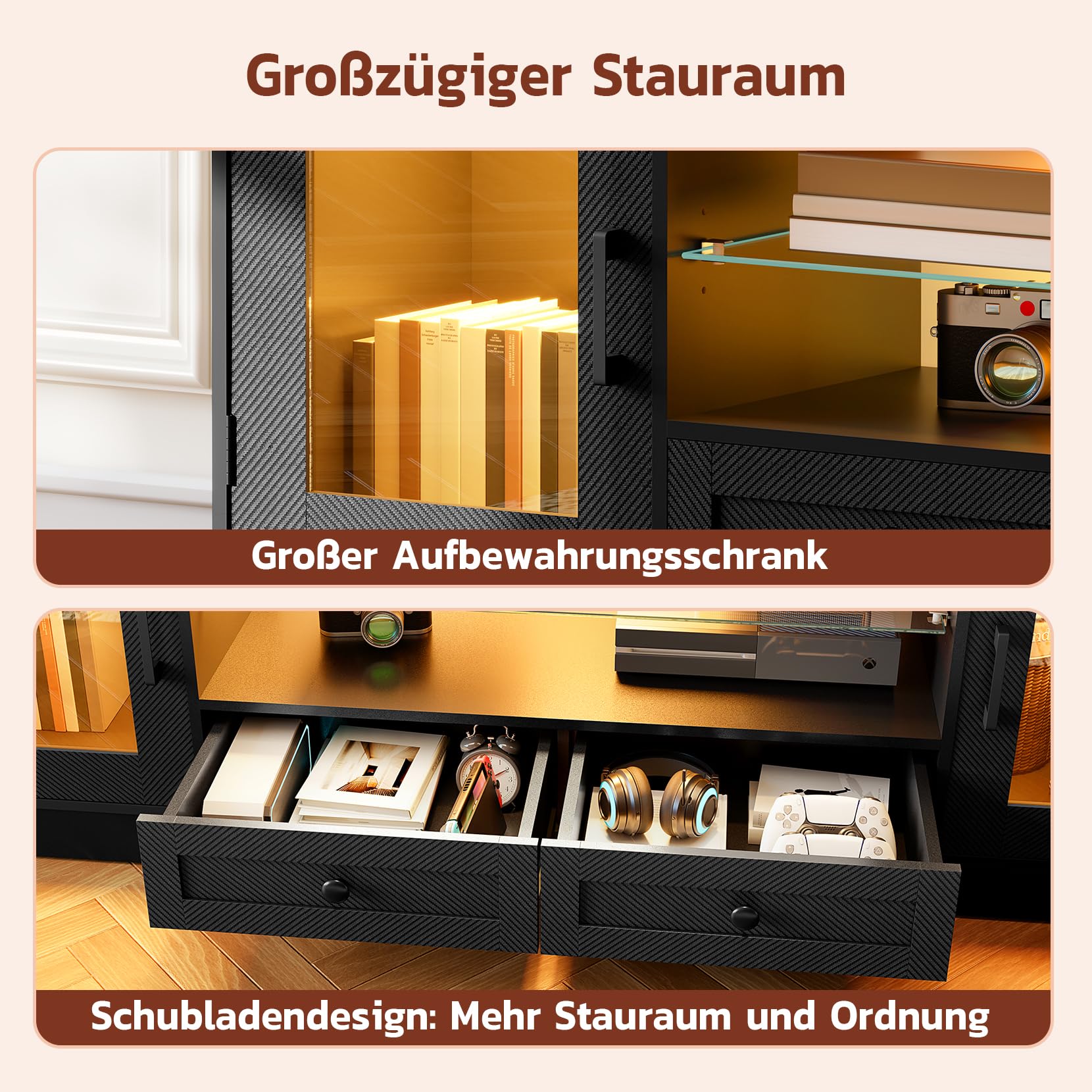 Dripex LED-TV-Lowboard 148 cm für 55–65 Zoll Fernseher, Gaming-TV-Schrank mit RGB-Beleuchtung und Schubladen, modernes TV-Board für Wohnzimmer und Schlafzimmer, Schwarz