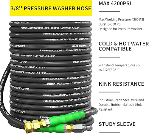 Miniatura 2 de POHIR Manguera de lavado a presión de 38 pulgadas, 50 pies con conexión rápida 4200 PSI, manguera de lavadora eléctrica para agua caliente y fría,