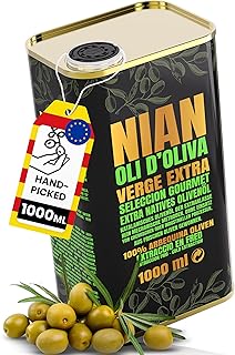 NIAN® extra natives Olivenöl 1 Liter Kanister [DAS OLIVENÖL DER STERNEKÖCHE] – 100% reinsortig, Arbequina Oliven der neuesten Ernte – Nachfüllkanister mit praktischem Ausgießer