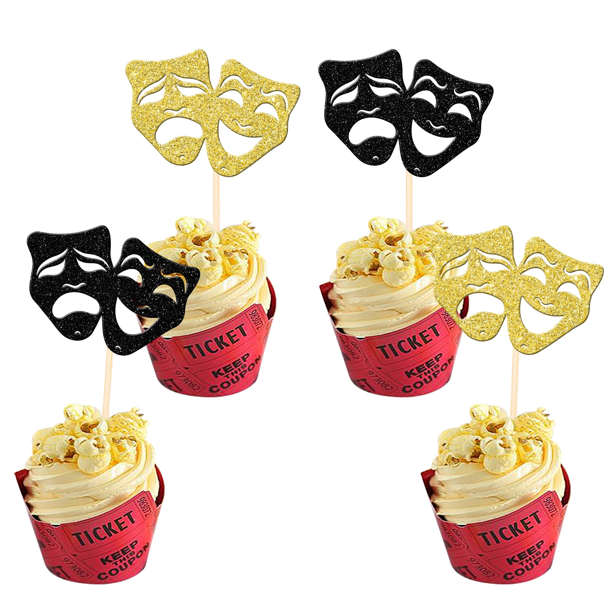 24 PCS Theatrical Mask Cupcake Toppers Glitter Comedy Movie Night Cupcake Picks for Film Festival Theme Birthday Party Cake Decorations Supplies Black Gold