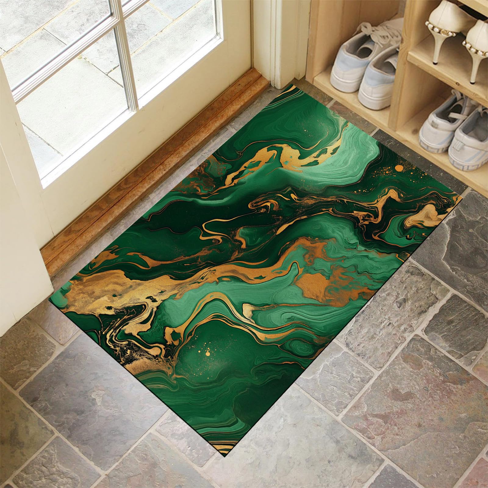 Tapis de porte extérieur 60x90 cm lavable et antidérapant motif marbre fluide vert et doré