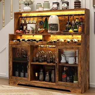 Loomie Rustic Wine Bar Cabinet with RGB LED Lights, Liquor Storage, 10-Bottle Wine Rack, Glass Holders & Mesh Doors