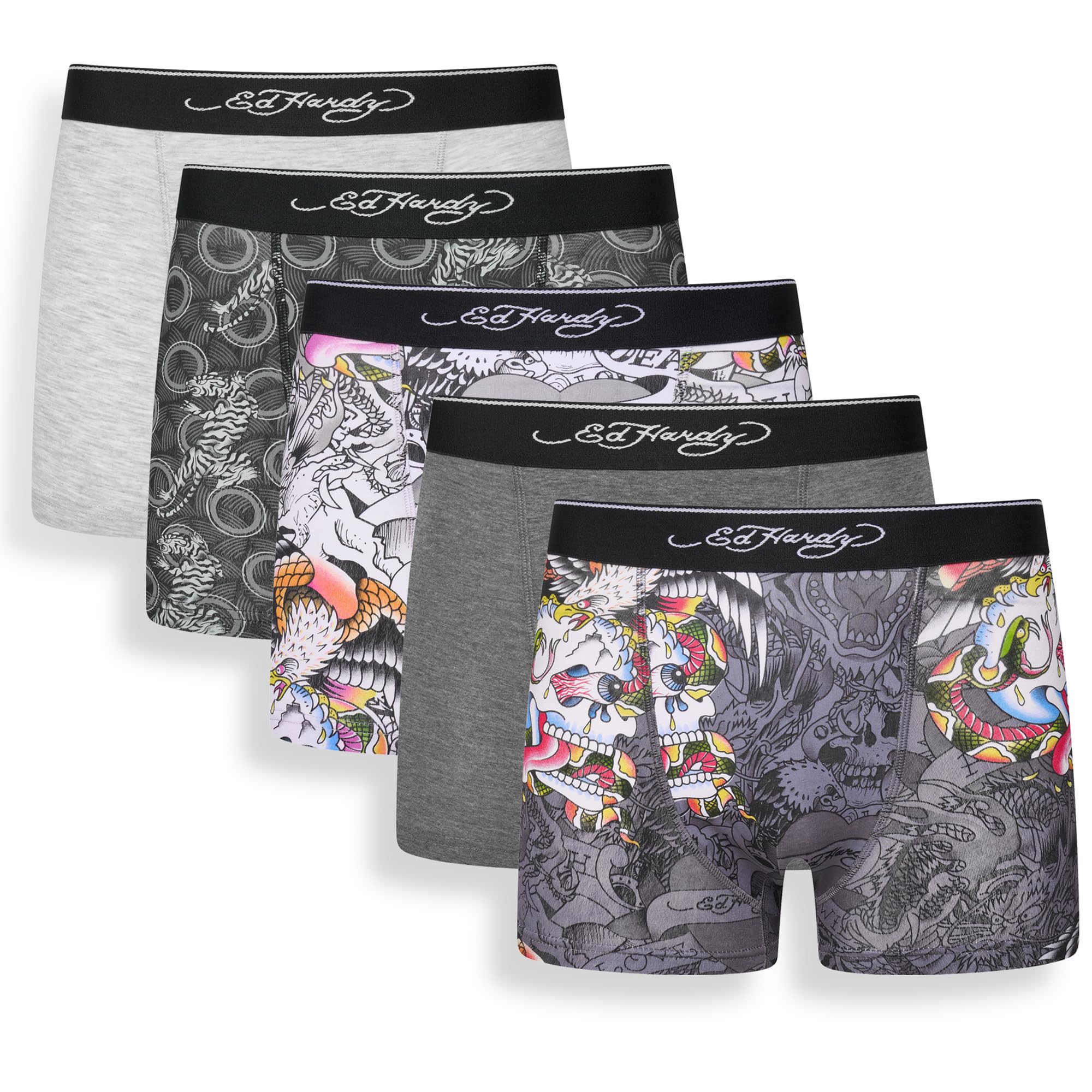 Ed Hardy Men's Assorted Aycel Boxer Shorts Multipack, Elasticated Logo Waistband, 5 Pack, Comfortable Underwear, Xx Large