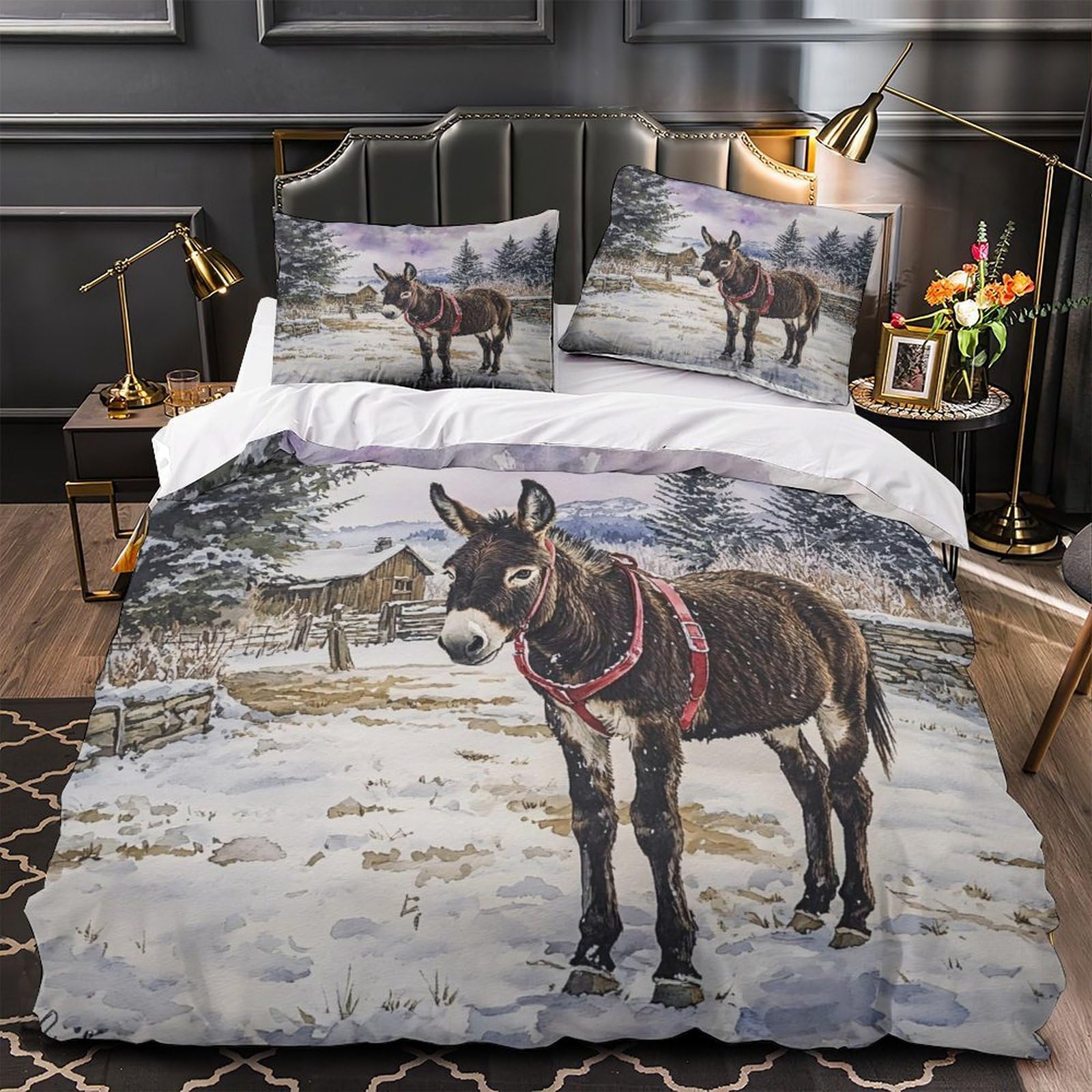 Housse de couette cerf 3D parure lit double pour chalet chaleureux
