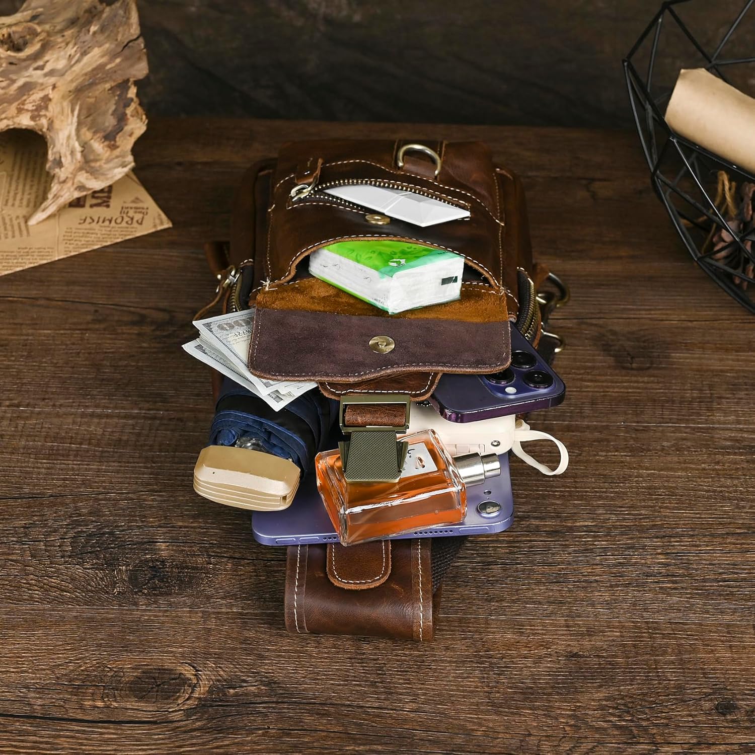 Genuine Leather Hiking Travel DayPack Sling Crossbody Triangle Chest Pack Bag For Men Women 8241 - Image 6