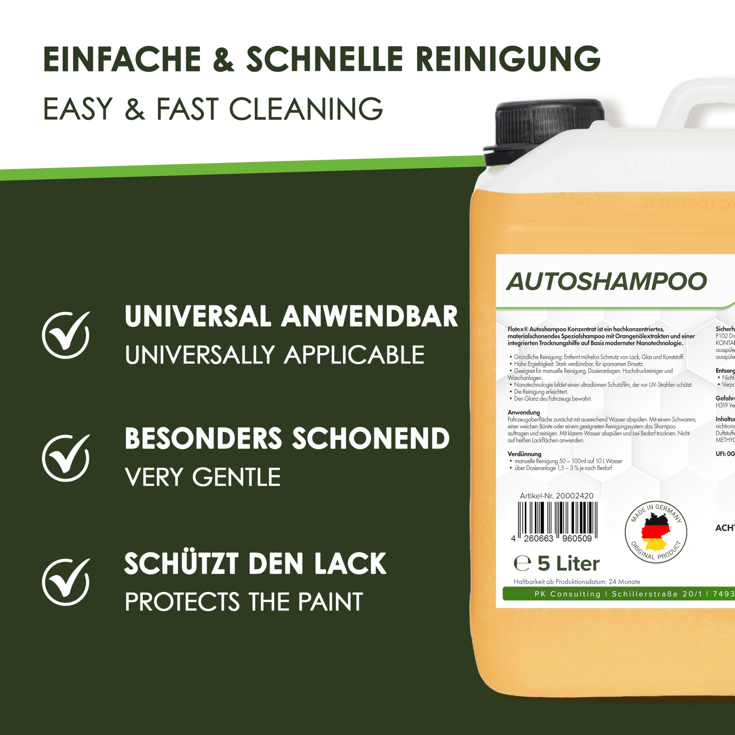 Autoshampoo Konzentrat im praktischen 4x5L Kanister | Autoshampoo für Hochdruckreiniger | Autoreiniger für PKW, LKW, Wohnmobil und Motorrad