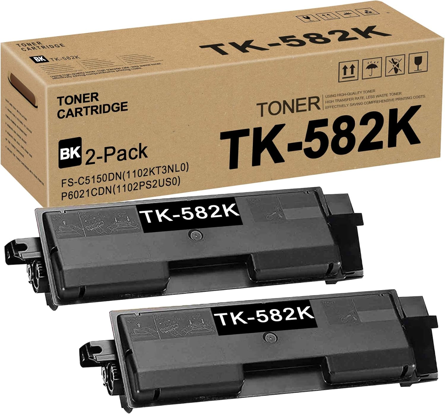 (Black,2 Pack) TK582 TK-582K 1T02KT0US0 Toner Cartridge Replacement for Kyocera FS-C5150DN(1102KT3NL0) P6021CDN(1102PS2US0) Toner Kit Printer