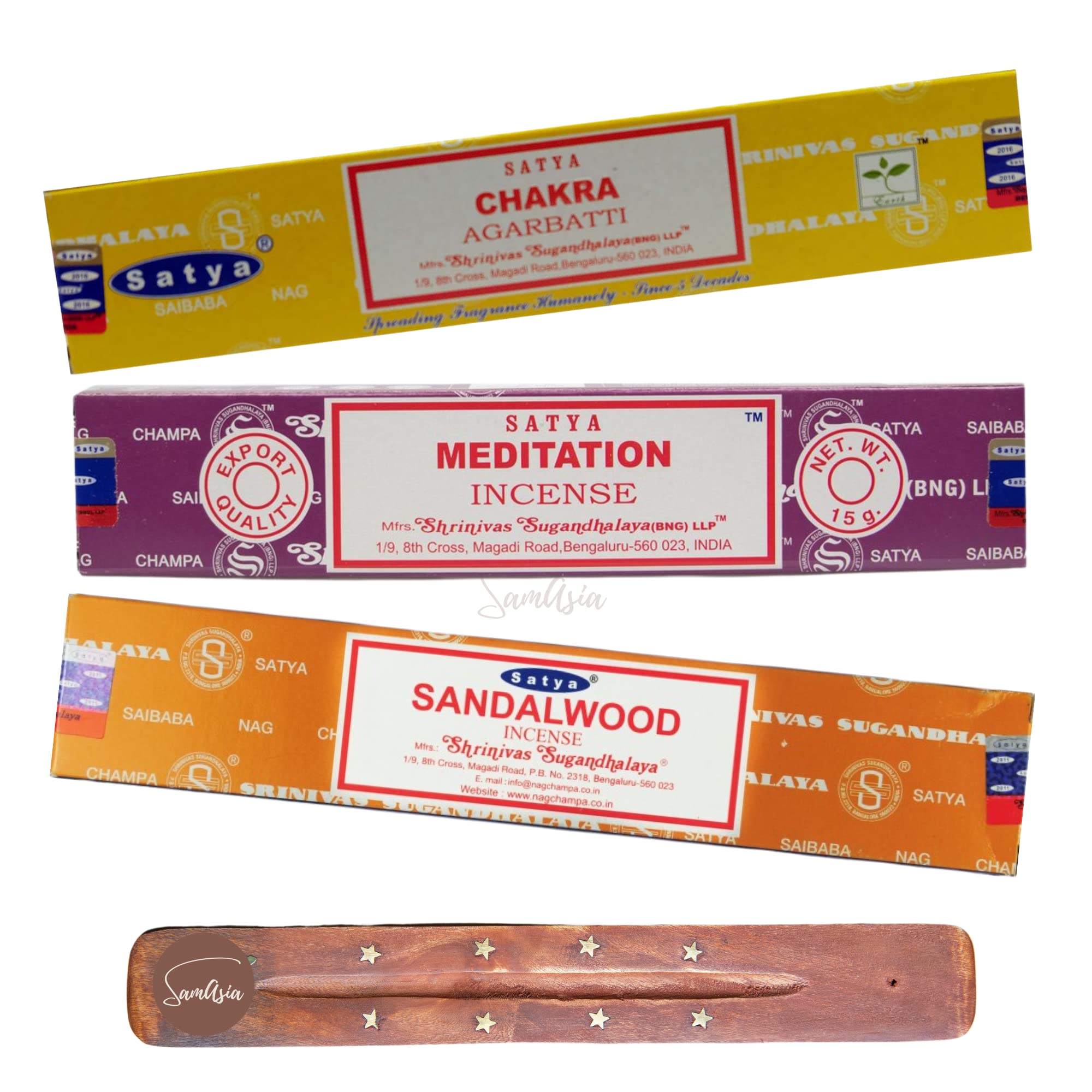 Satya Nag Champa Chakra, Meditation and Sandalwood Incense Sticks | x3 pack | with SAMASIA incense sticks holder | Burn for Meditation