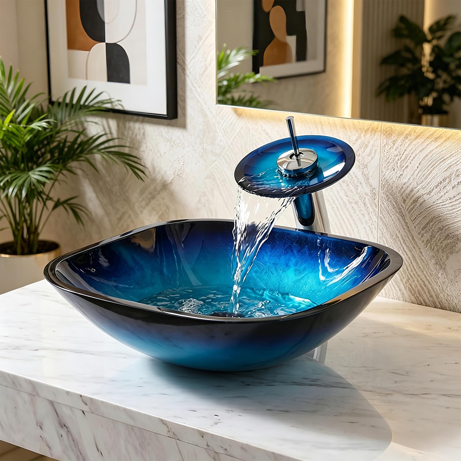 Lonuebu 17 Inch Artistic Blue Tempered Glass Countertop Bathroom Sink with Faucet and Drain Combo Square Vessel Sink for Bathroom Vanity Above Counter Bowl Sink