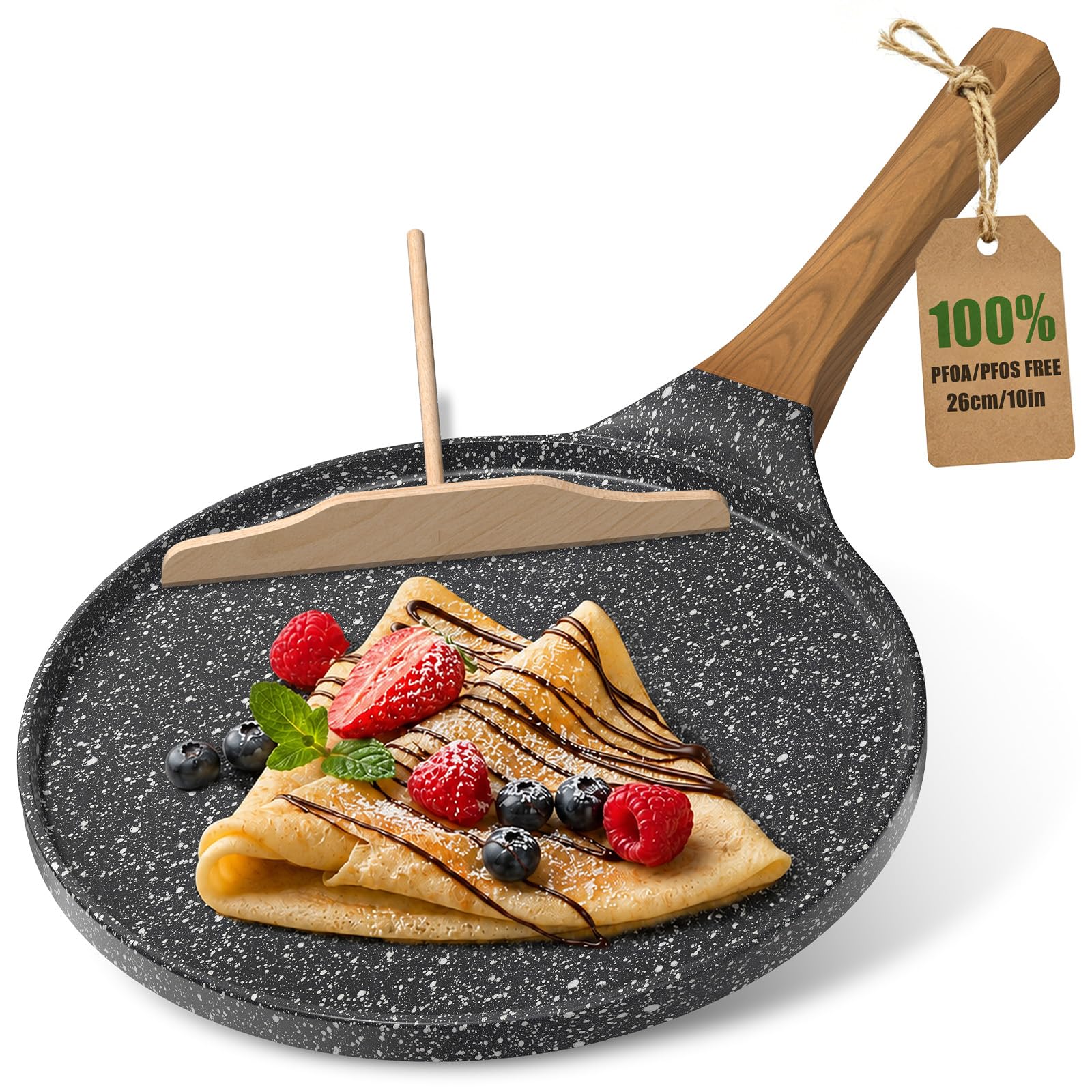 YASHE 26cm Nonstick Crepe Pan with Wooden Spreader, Induction Cooktop