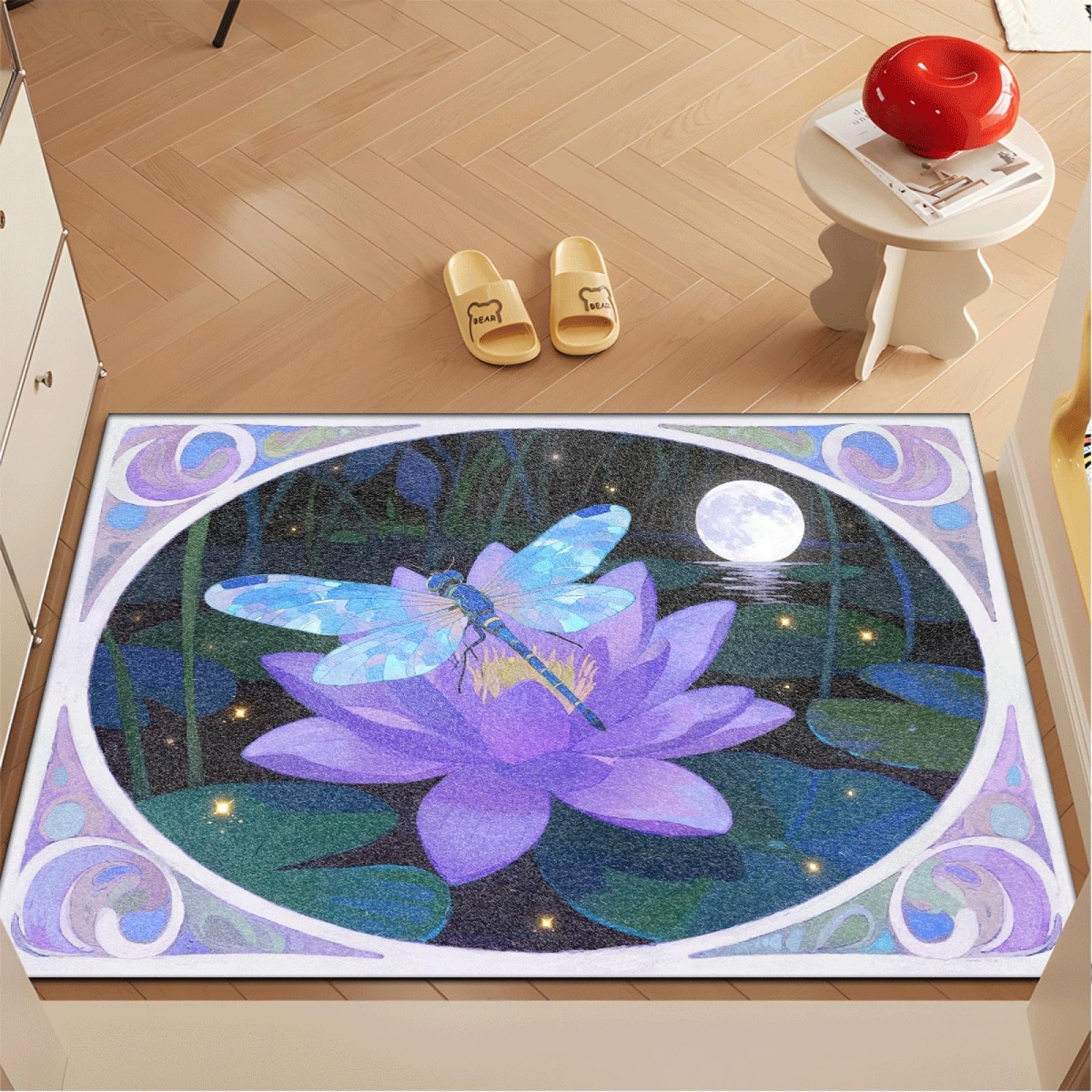Fussmatte Innen 80x120 cm Lila Lotus Mond Fussmatte Aussen rutschfeste für Hund Eingang Badematte Waschbar Schmutzfangmatte Strapazierfähige und Langlebige Fussmatten Haustür