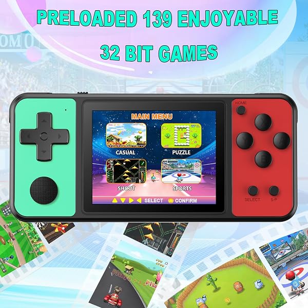 32 Bit Handheld Games for Kids Built-in 139 Video Games,3.0" IPS Screen Rechargeable Portable Arcade Gaming Player,Electronic Toys for Boys Girls Birthday Xmas Gift (Green-Red) - 2