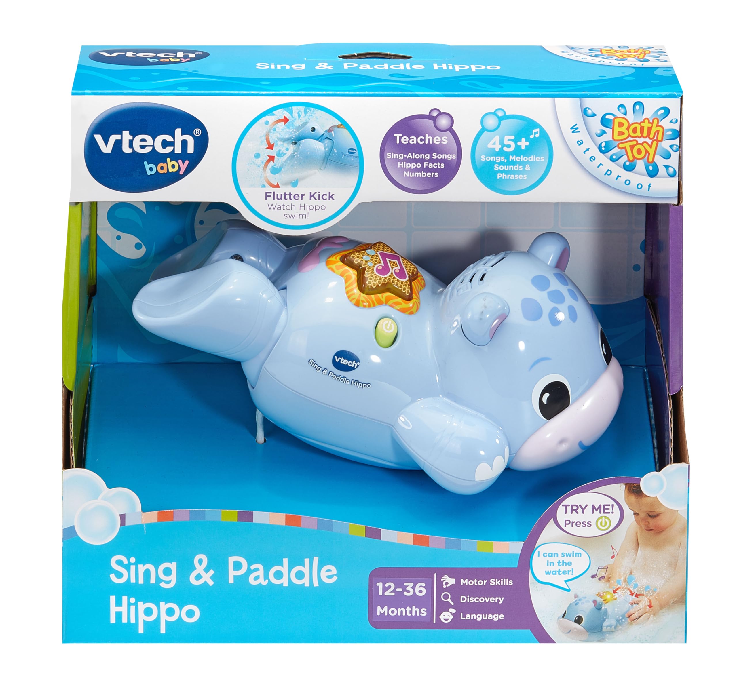 VTech Sing and Paddle Hippo, Swimming Hippo Bath Toy, Interactive Light-up Button with Phrases and Songs, Gift for Babies 12 - Image 4