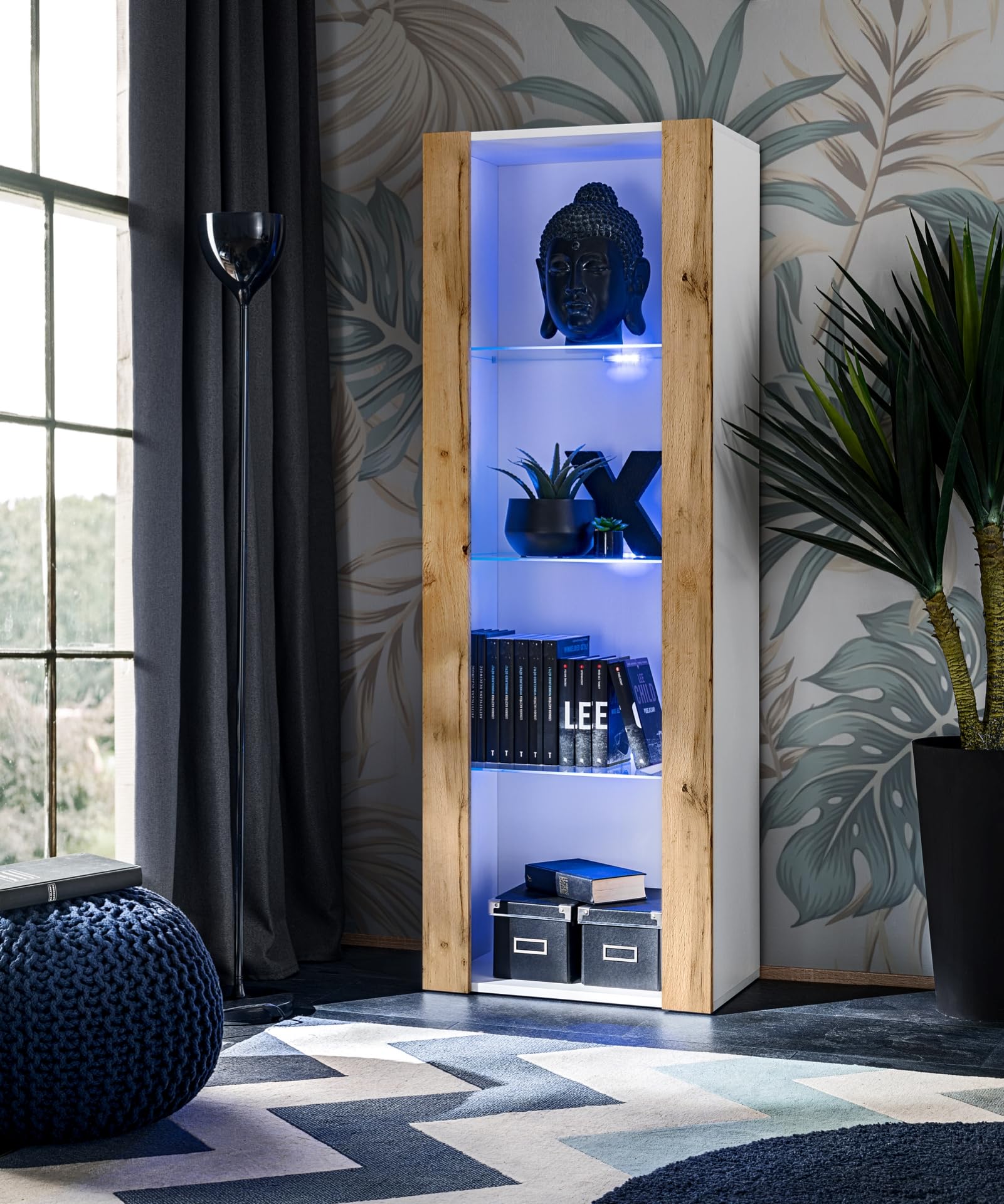Komodee, Set Di Mobili Porta TV Tivoli Medio RTV, White/Wotan, LED Blu, Larghezza 245 cm x Altezza 159 cm x Profondità 35 cm, Per soggiorno, Camera da letto