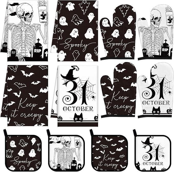 Pickmesh 12 Pcs Halloween Kitchen Towels and Oven Mitt Sets 4 Skeleton Oven Mitts 4 Ghost Dish Towels and 4 Witch's Pot Holders Cooking Accessories for Holiday Kitchen Decoration