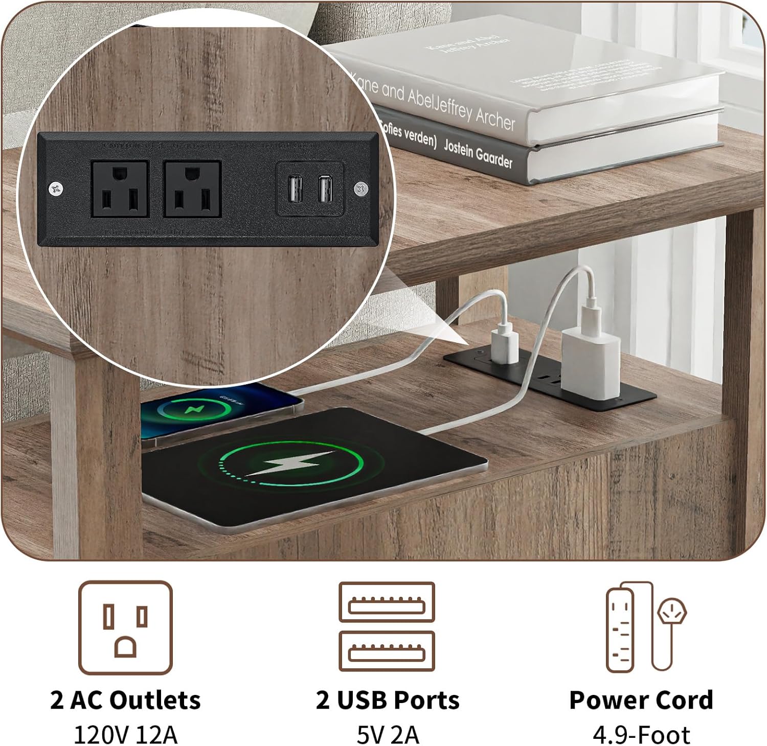 HOMMPA 23.6'' Farmhouse End Table with Charging Station Set of 2, Rustic Night Stand w/ 2 Drawers & Open Shelf, Wood Sofa Side Table Bedside Table for Living Room, Roman Column Design, Greige