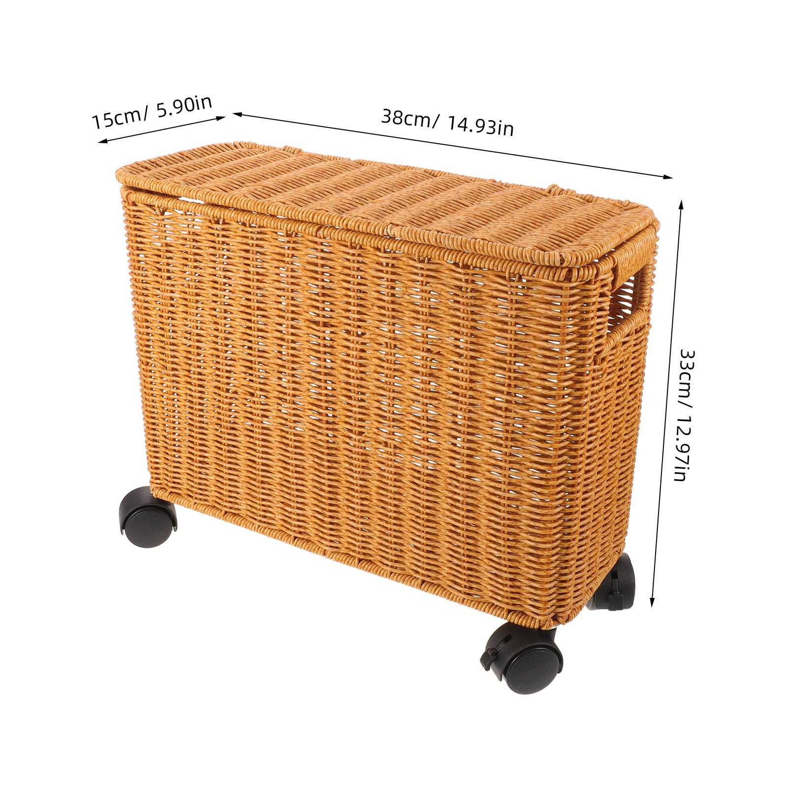 FRCOLOR Caja de Almacenamiento Rectangular de Pe Color Caqui Estilo Mimbre con Tapa y Ruedas, Soporte para Apilamiento Vertical y Alta Capacidad de Peso, Adecuado para Pasillos y Baños