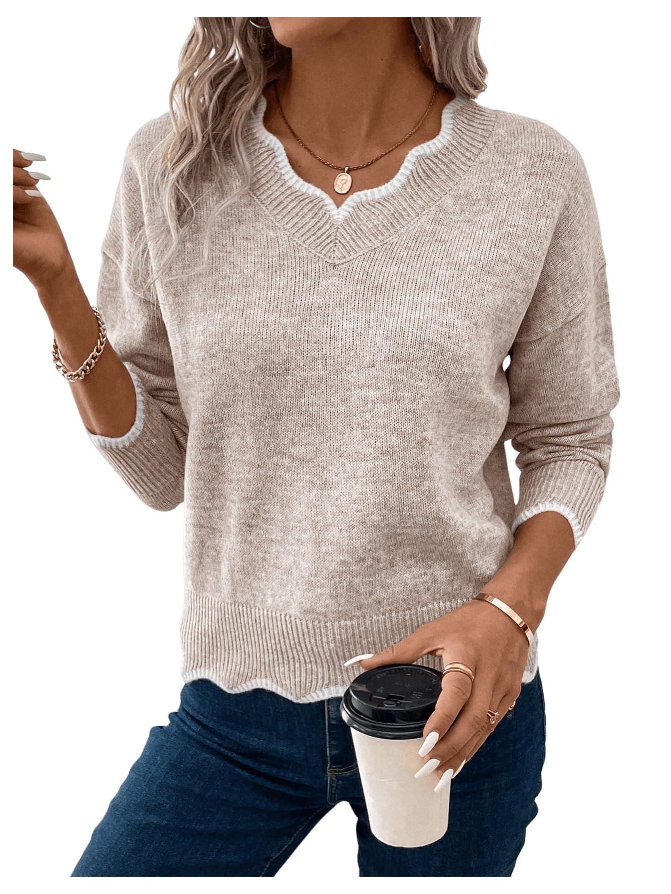 SOLY HUX Womens Long Sleeve Sweaters V Neck Knitted Sweater Tops Loose Jumper Pullover Fall Outfits