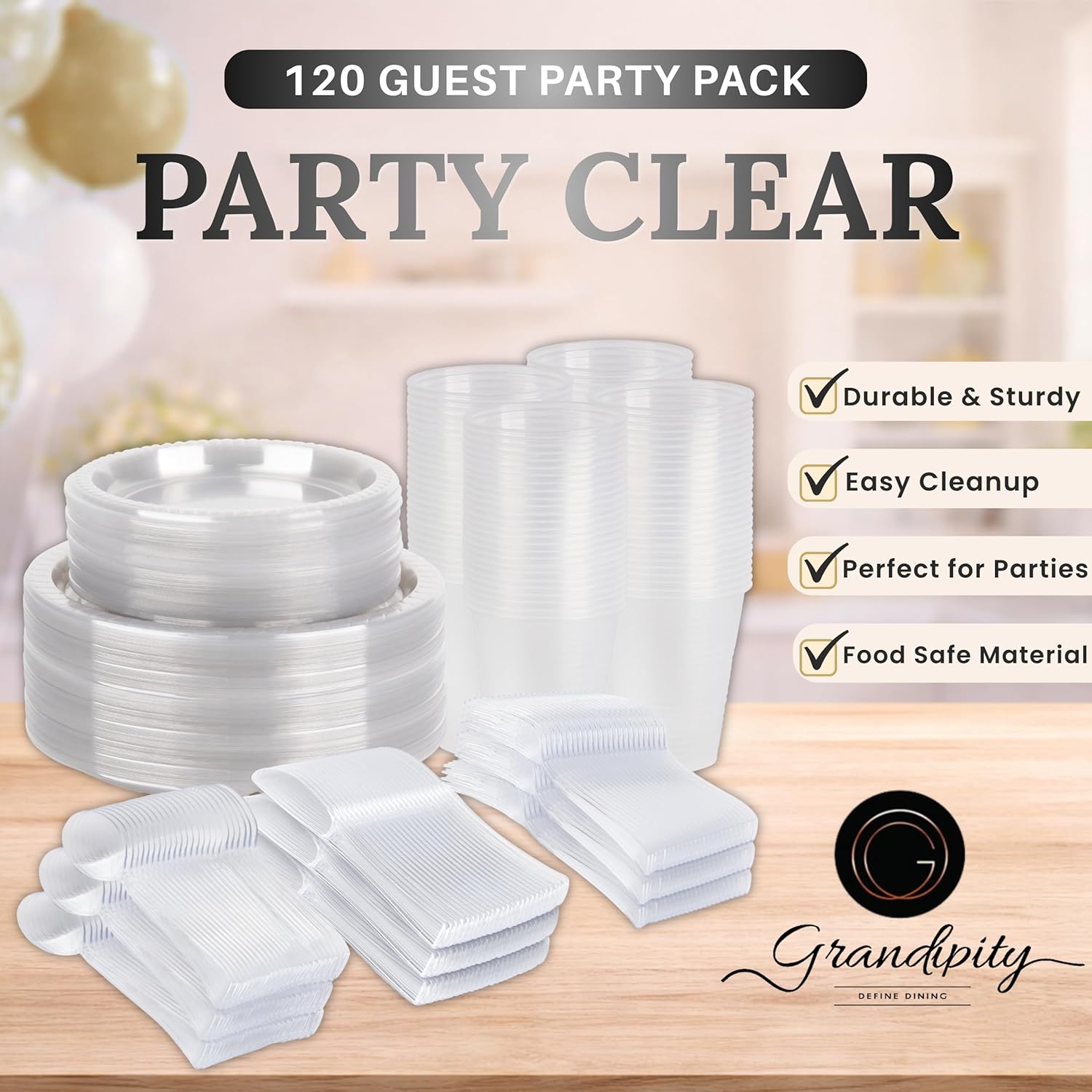 Grandipity 720 Piece Clear Disposable Dinnerware Set, Plastic Dinnerware Set Includes 120 Count 9' Dinner Plates, 7' Dessert Plates, 12oz Cups, Forks, Knives & Spoons